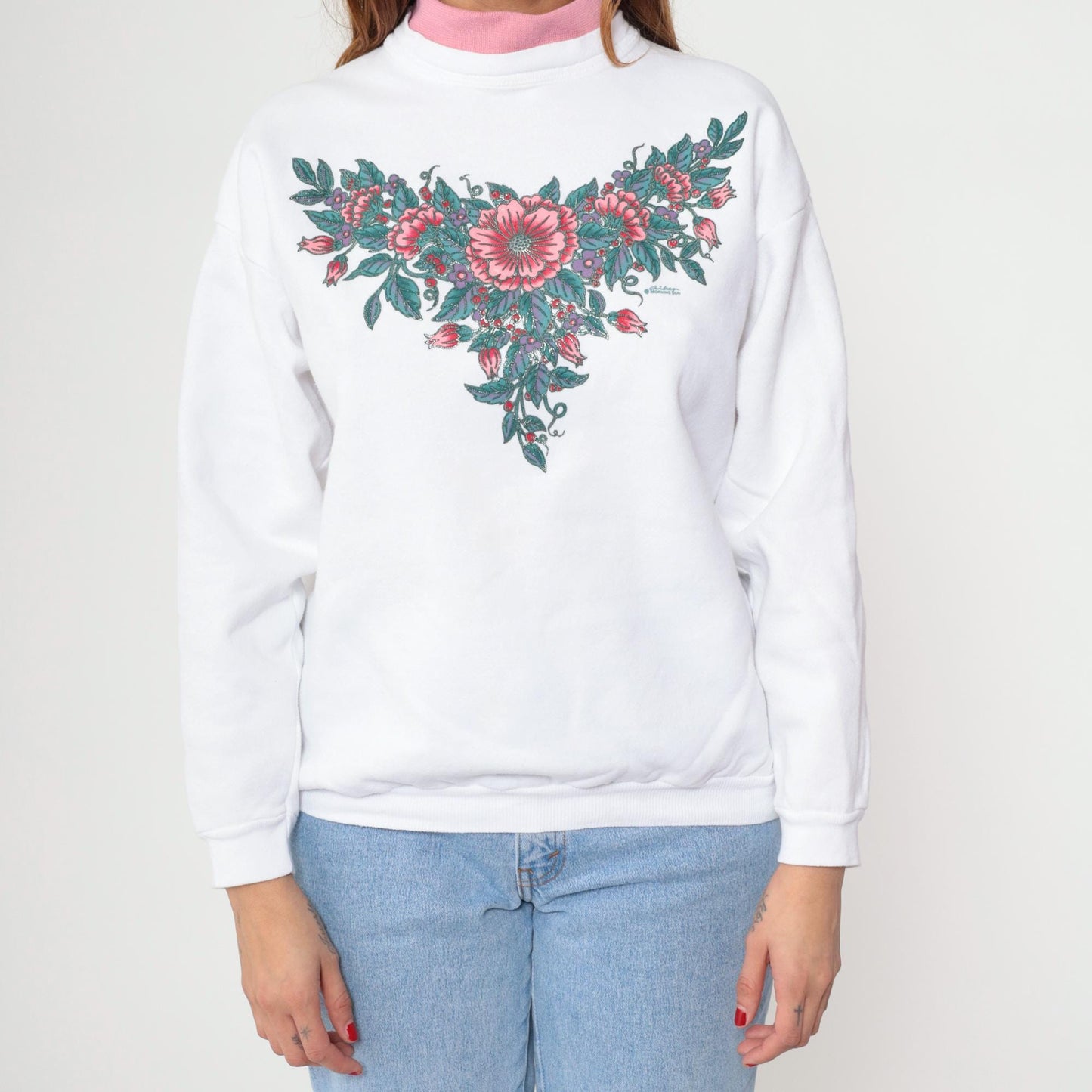 90s White Floral Mock Neck Sweatshirt Pink Collar Cotton Petite Large