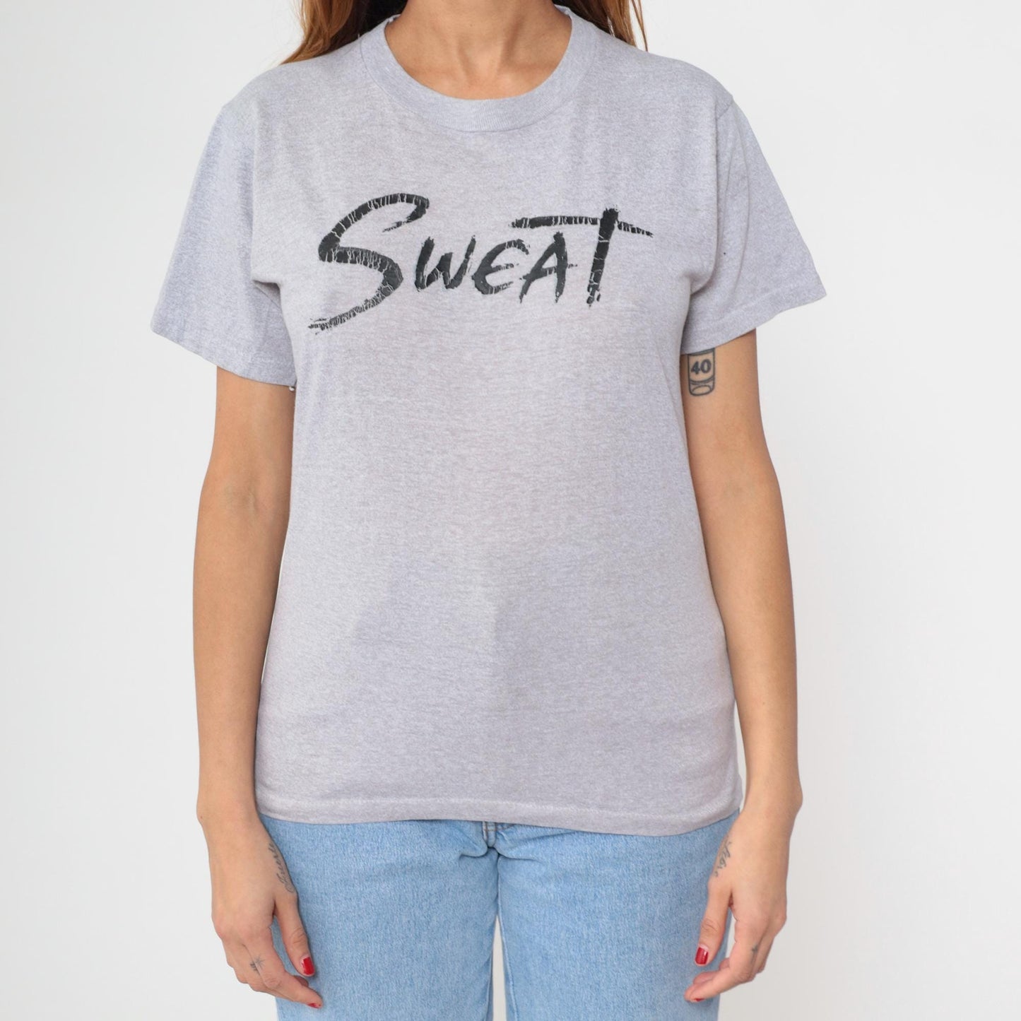 80s SWEAT Graphic T-Shirt Grey Crewneck Short Sleeve Medium