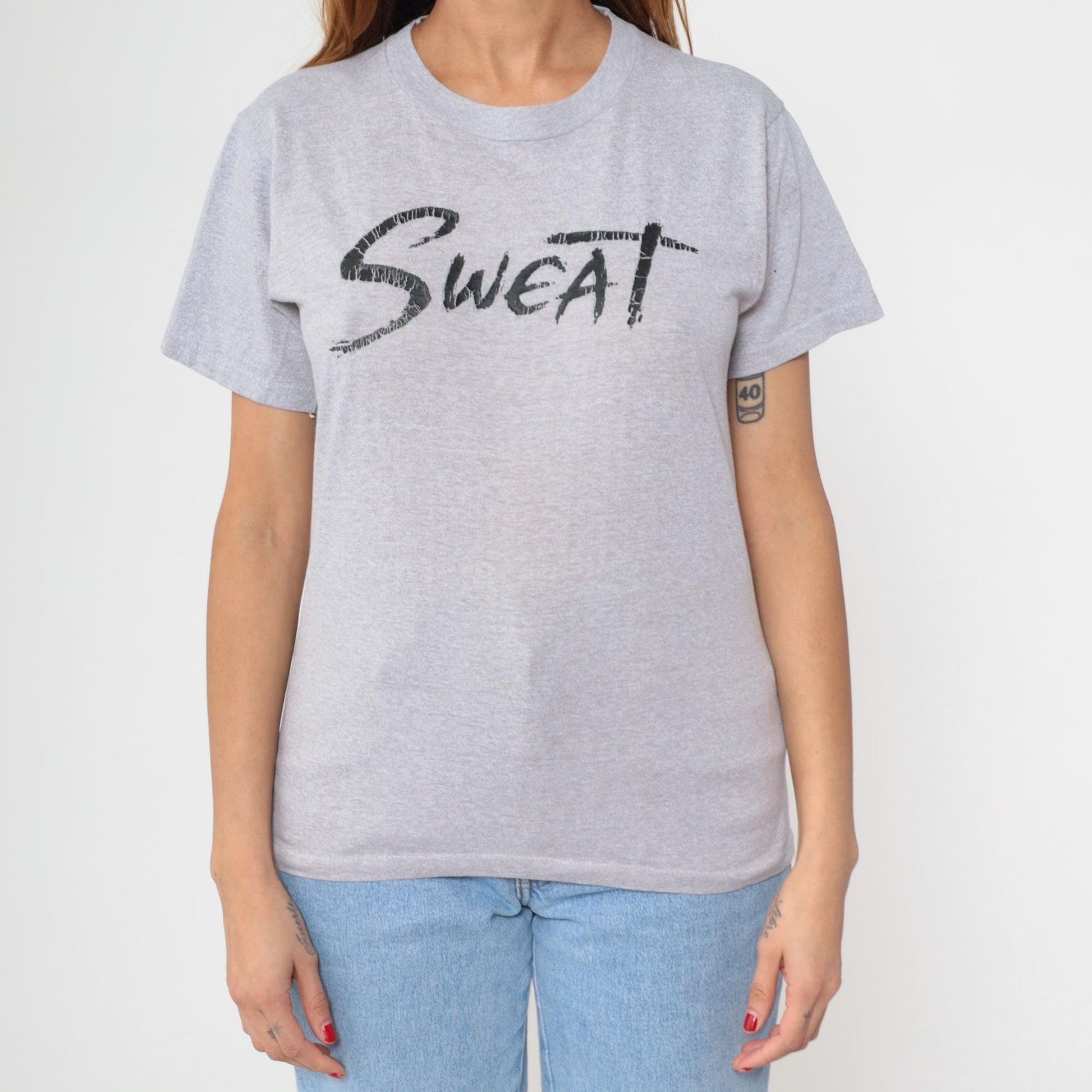 80s SWEAT Graphic T-Shirt Grey Crewneck Short Sleeve Medium