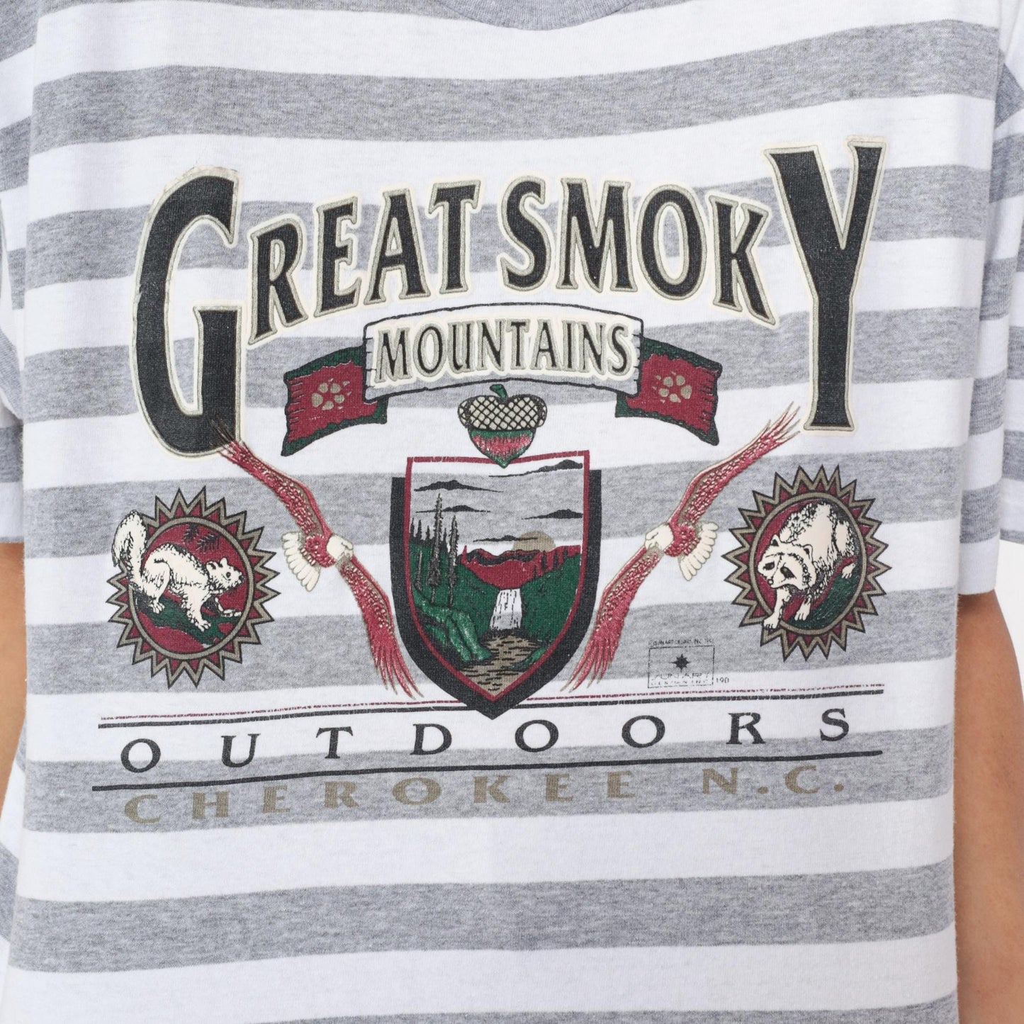 90s Great Smoky Mountains Striped Graphic Tee Grey White Large L