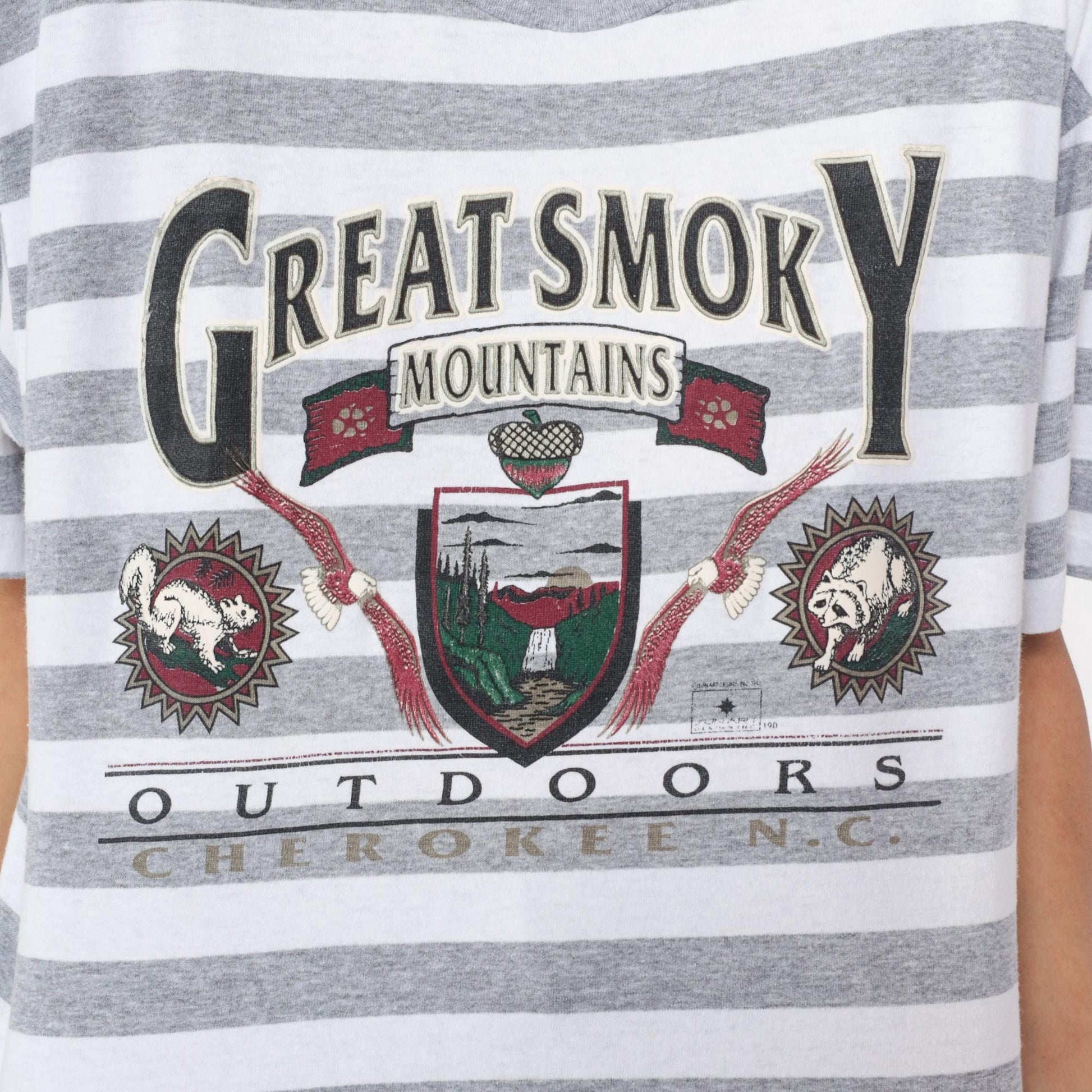 90s Great Smoky Mountains Striped Graphic Tee Grey White Large L