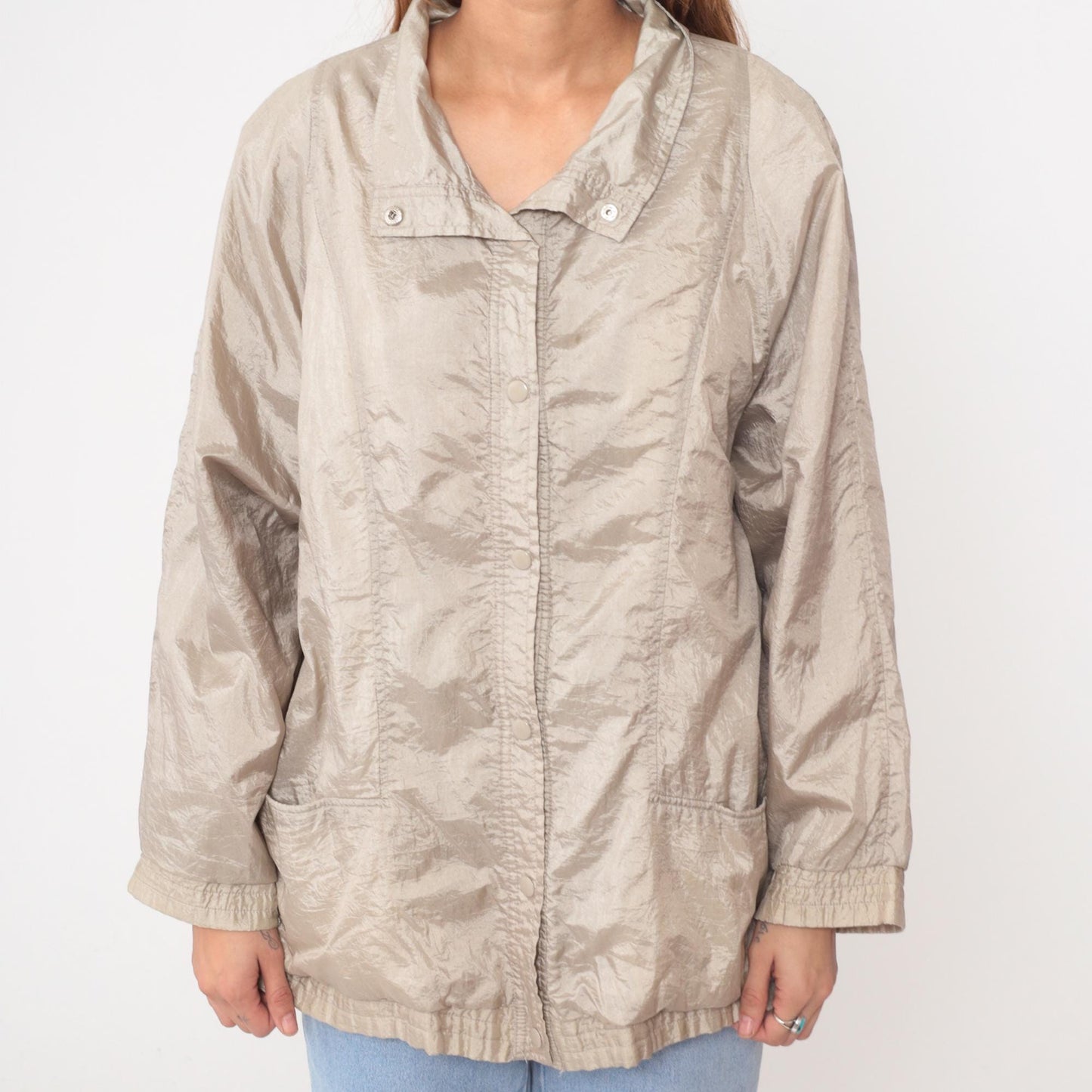 90s Haband Beige Nylon Windbreaker Jacket Snap Button Collar Large
