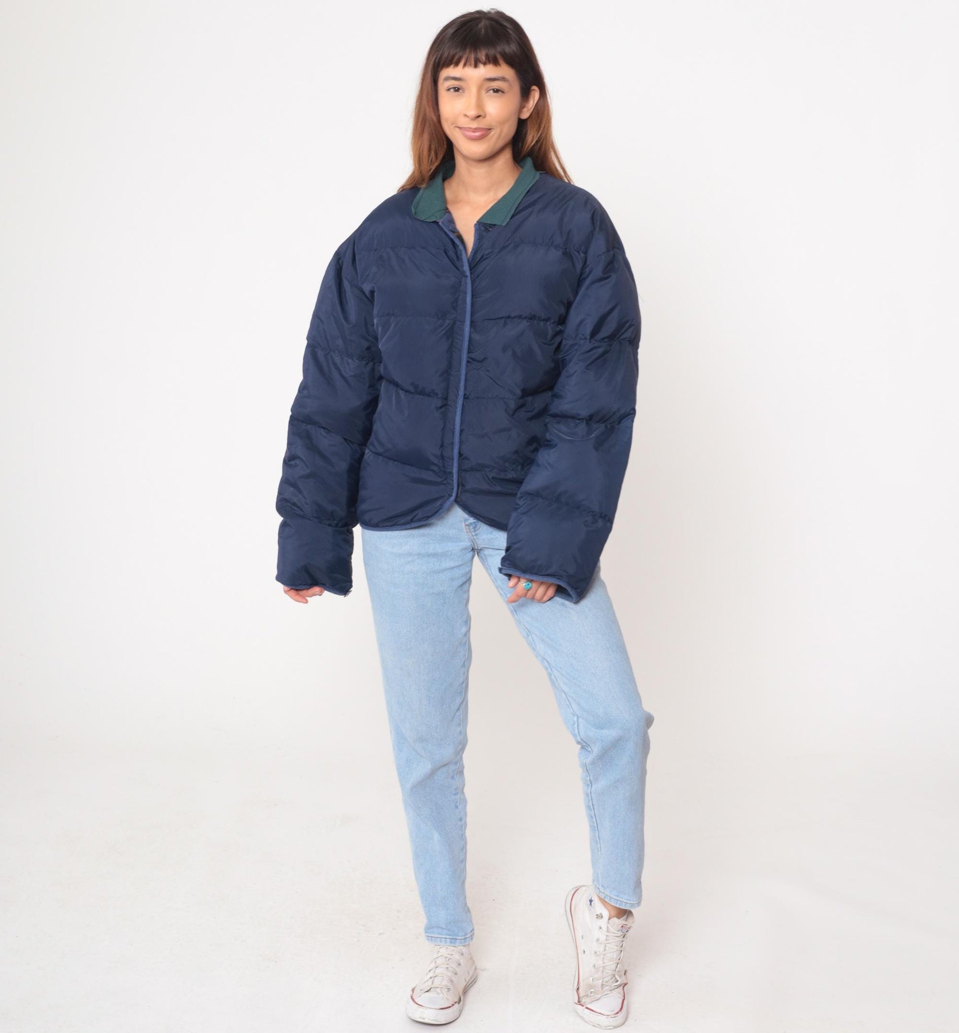 90s GM Down Puffer Jacket Navy Blue Teal Collar Quilted Medium M
