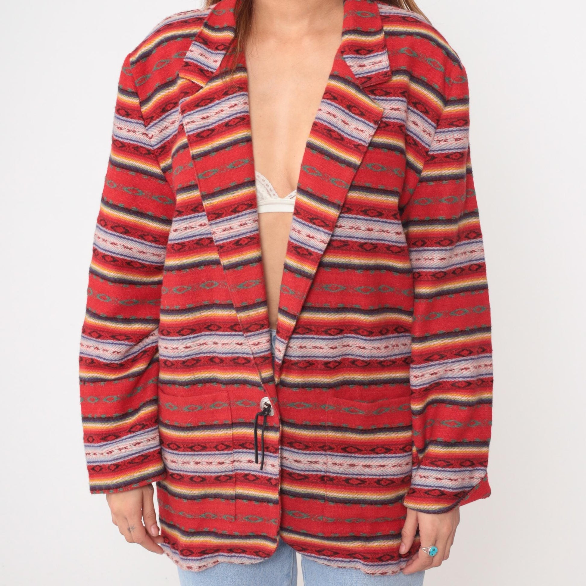 90s Leger Southwestern Blazer Red Striped Geometric Jacket Large L