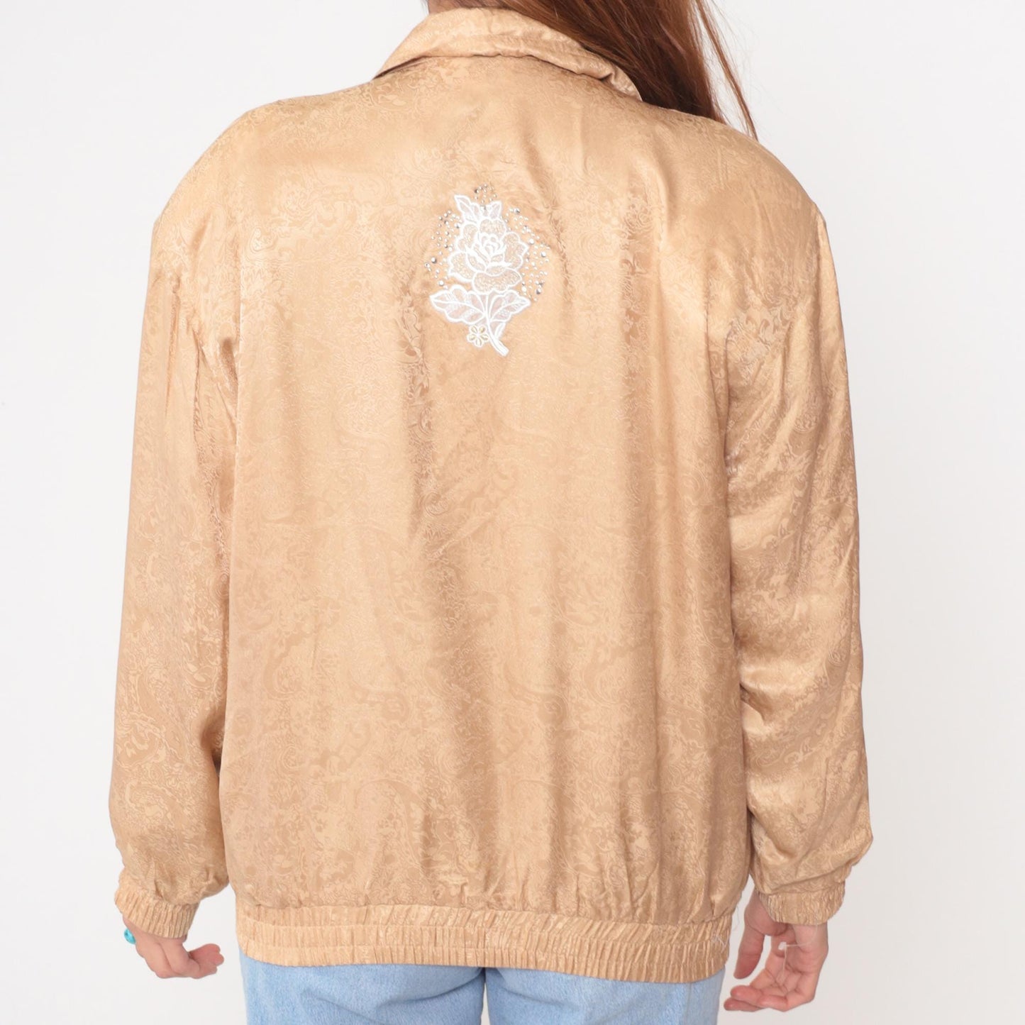 90s Silk Bomber Jacket Champagne Gold Embroidered Floral Medium M