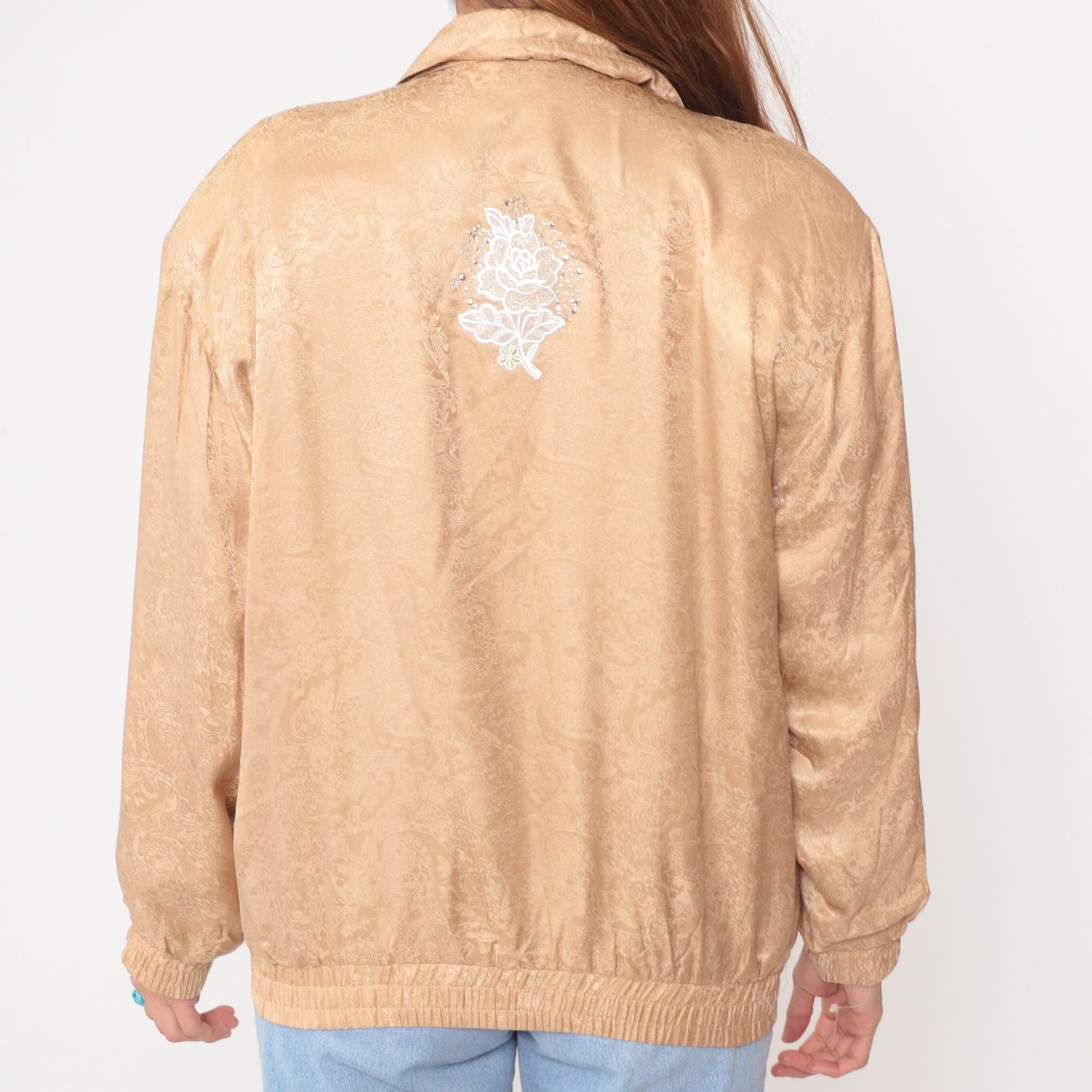 90s Silk Bomber Jacket Champagne Gold Embroidered Floral Medium M