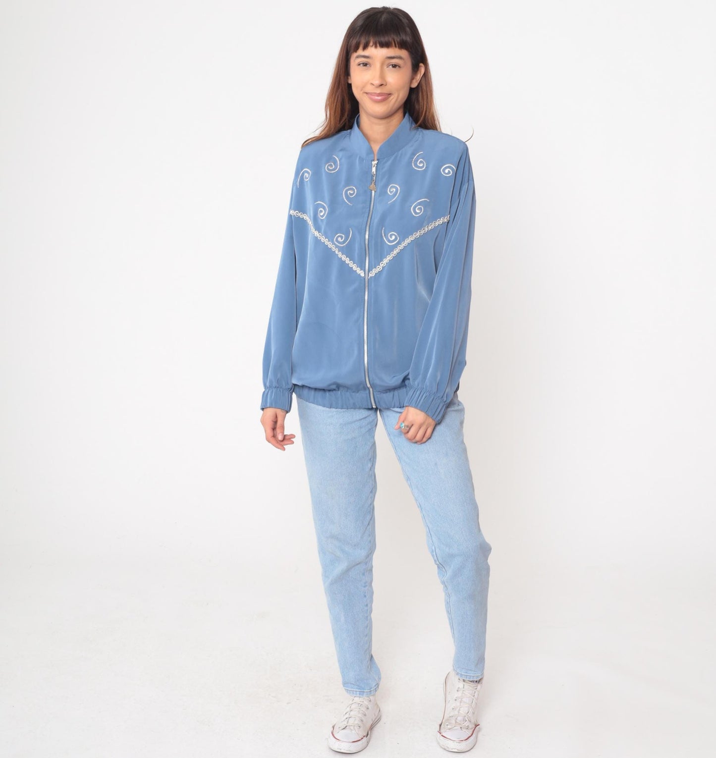 90s Silver Threads Powder Blue Bomber Jacket Spiral Embroidery Medium M