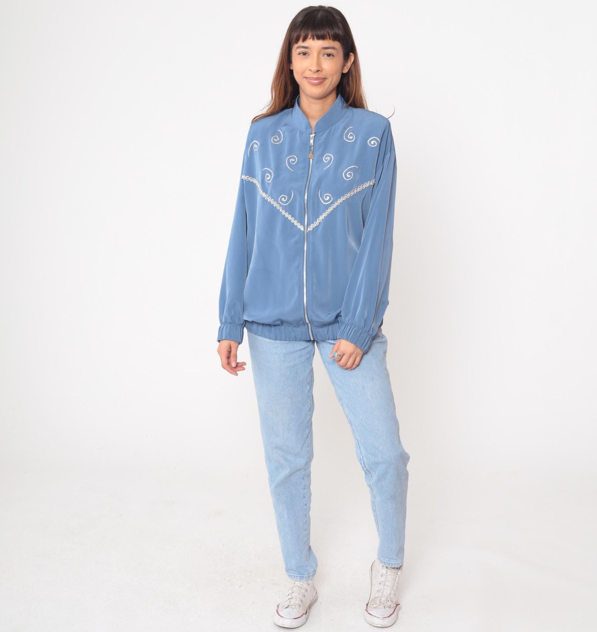90s Silver Threads Powder Blue Bomber Jacket Spiral Embroidery Medium M