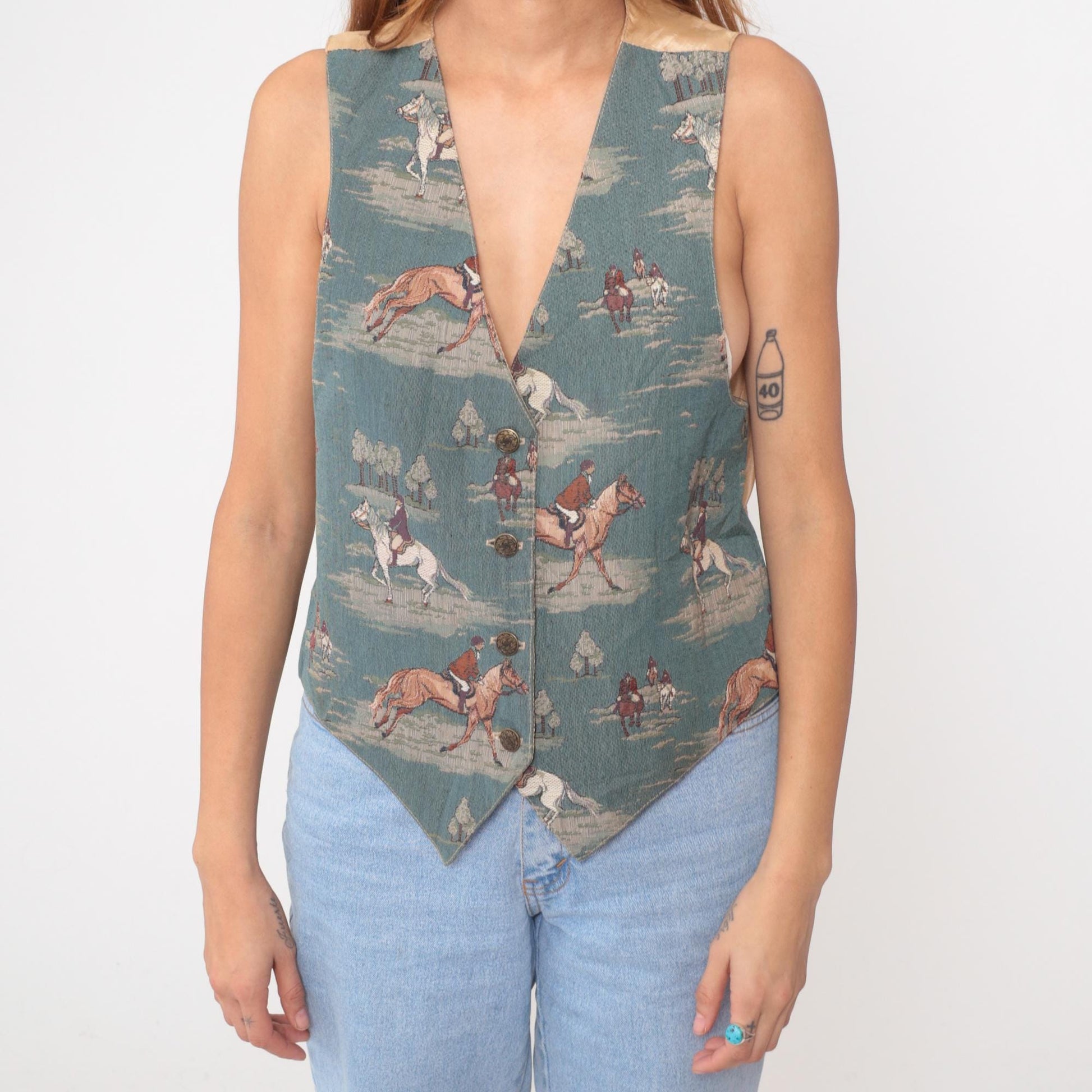 90s Nadia Equestrian Hunt Scene Cotton Vest Green Extra Large XL