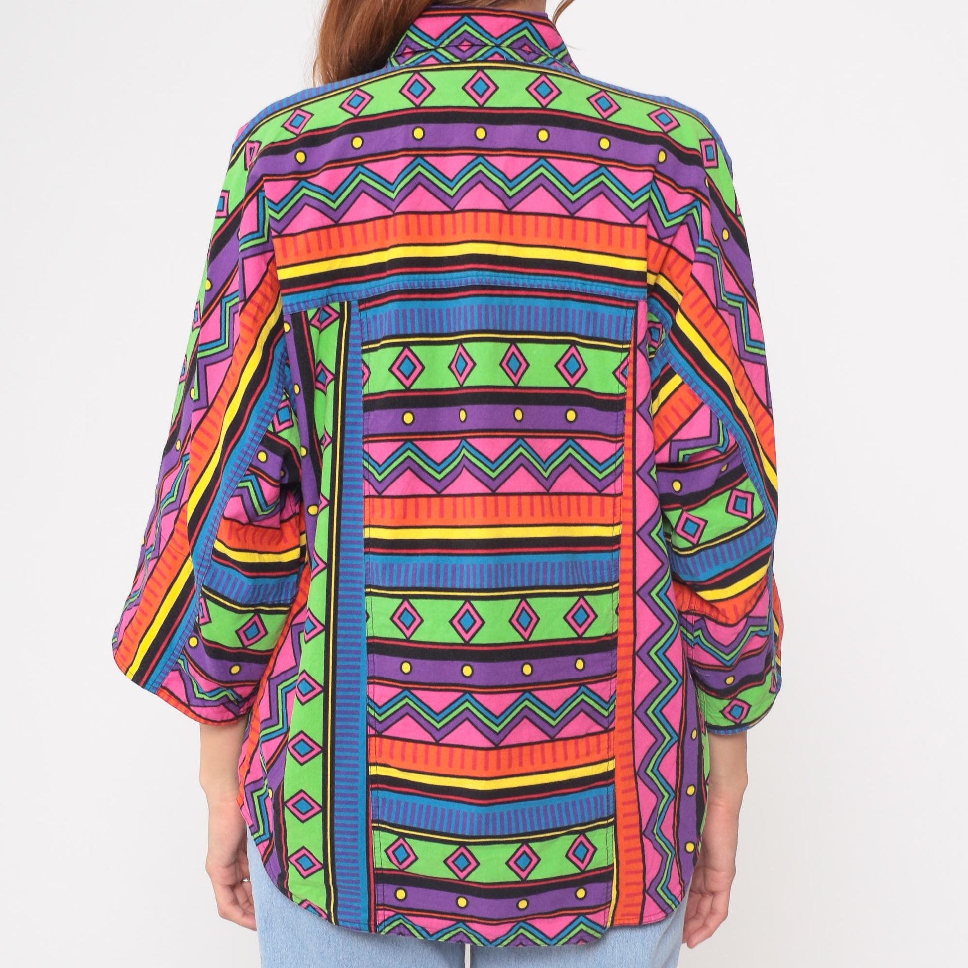 90s Westbound Geometric Button-Front Shirt Multicolor Neon Small S