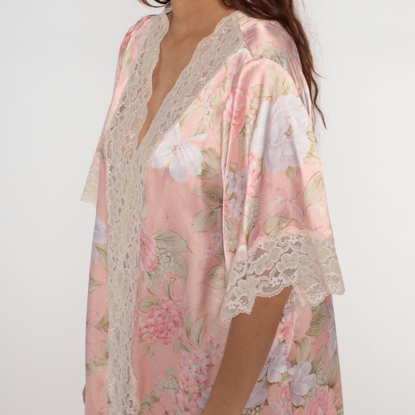 90s Pink Floral Kimono Robe Wendy Ann Lace Trim Knee Length Medium