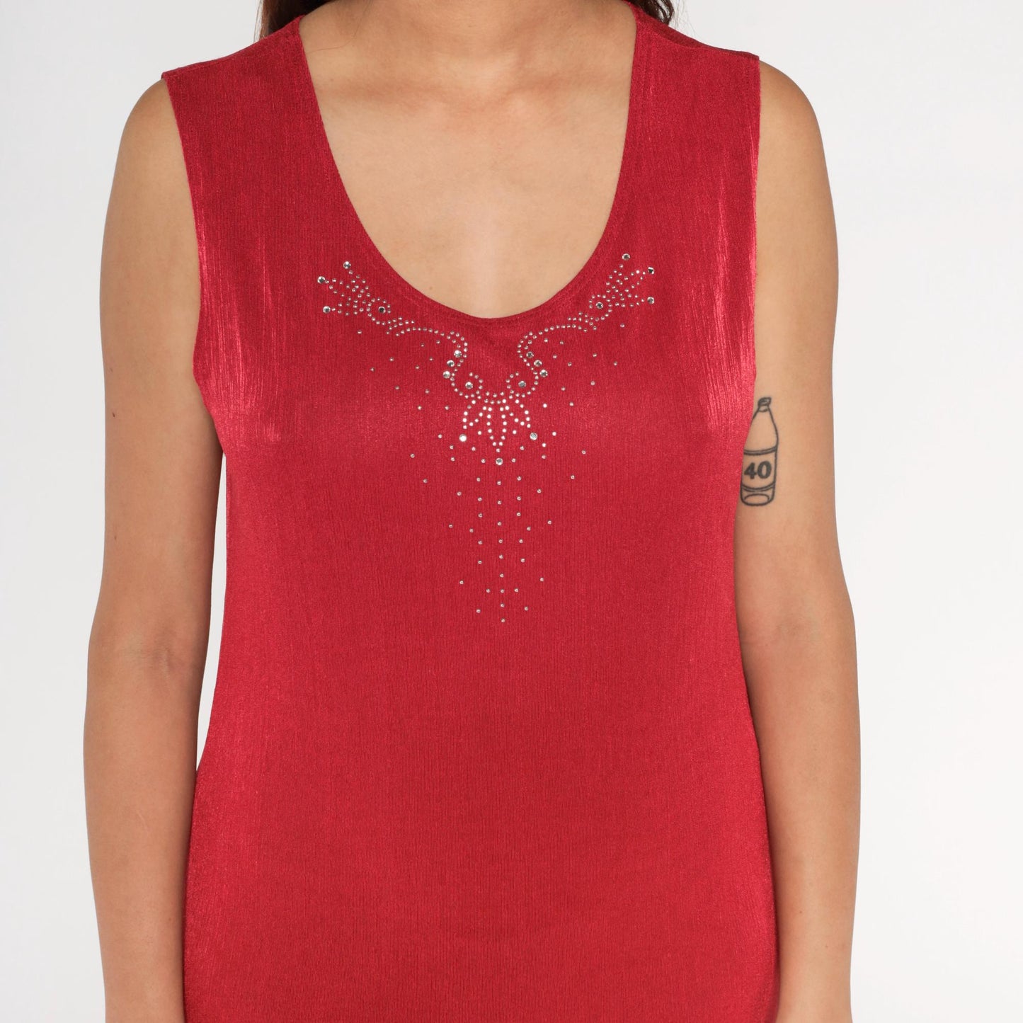 90s Red Rhinestone V-Neck Midi Dress Sleeveless Bodycon Medium M