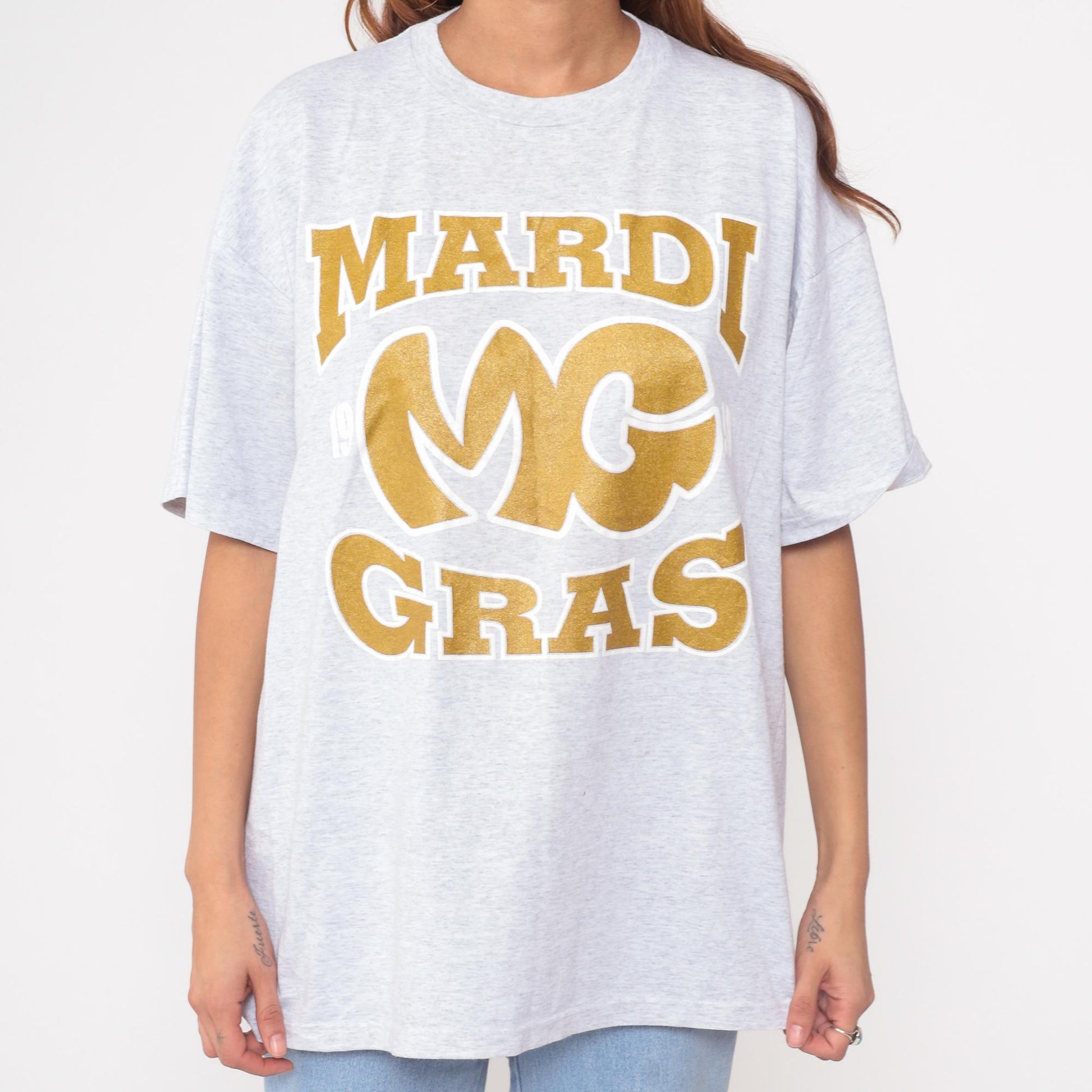 90s Mardi Gras 98 Graphic T-Shirt Grey Cotton Jerzees Extra Large XL