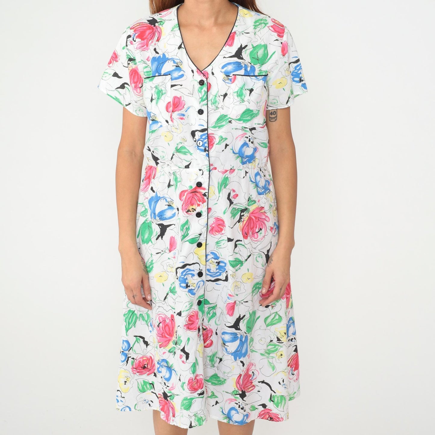 90s Charleston Rags Floral Midi Dress White Cotton Short Sleeve Medium