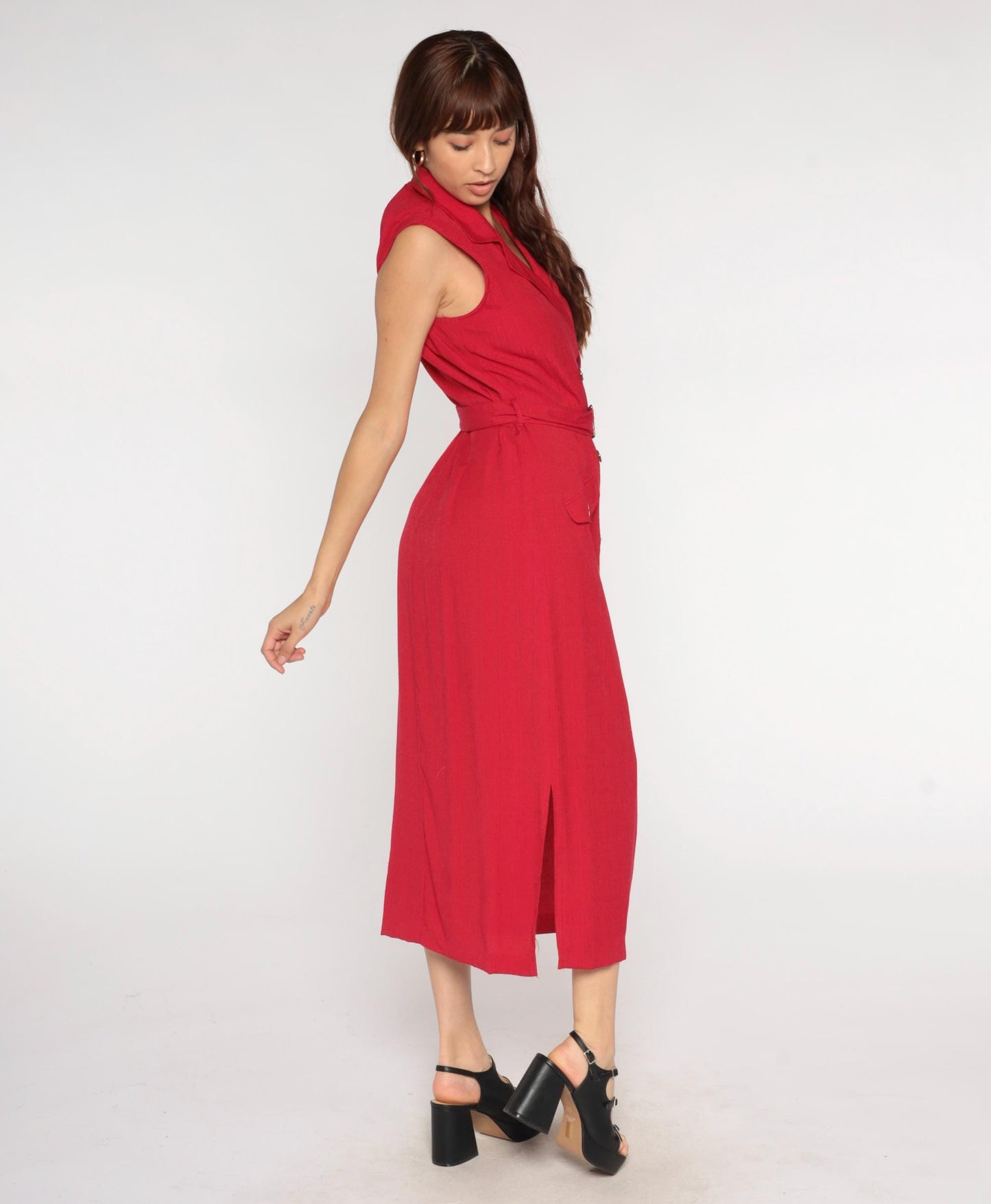 90s Sag Harbor Red Midi Dress Sleeveless Button Front Belted Notched Collar Large