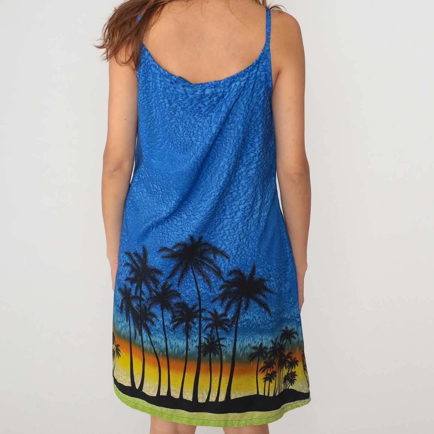 Y2K Blue Ombre Slip Dress Tropical Sunset Palm Tree Print Large L
