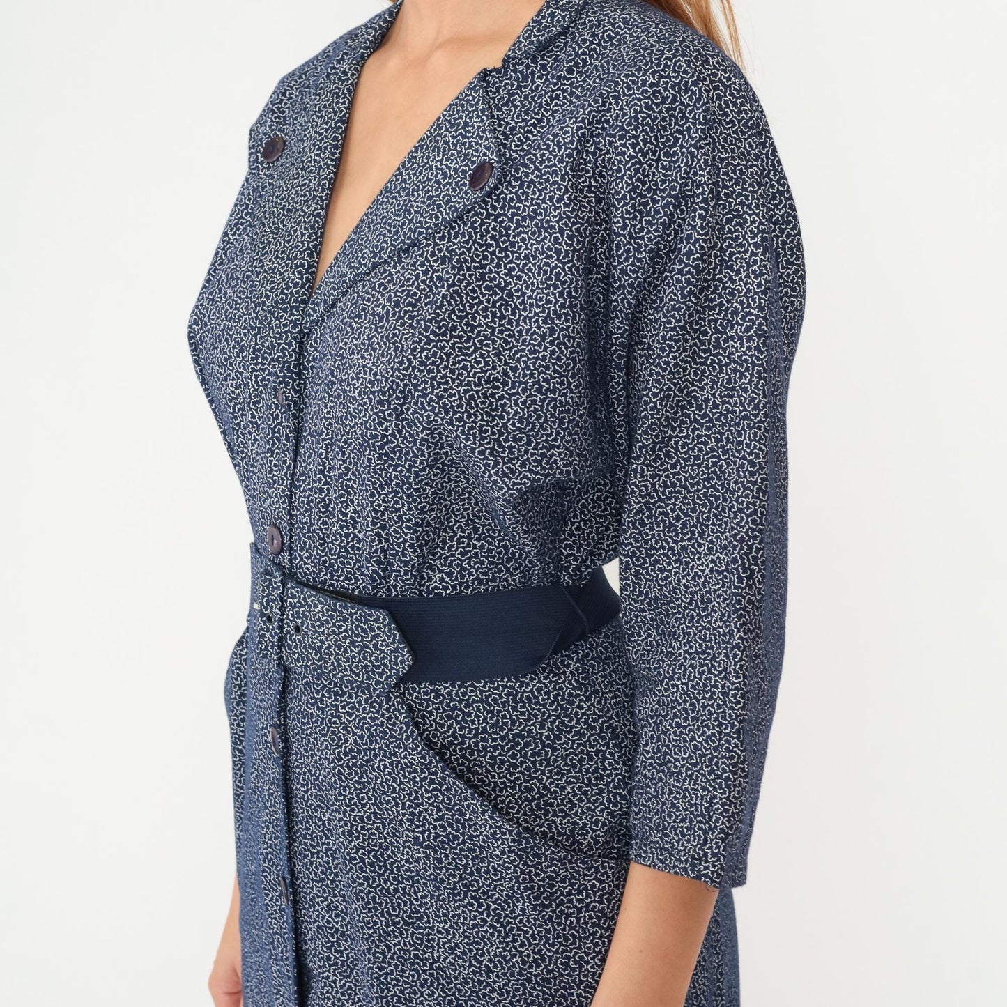 90s Wild Dress Navy Speckled Midi V-Neck Button Front Medium M