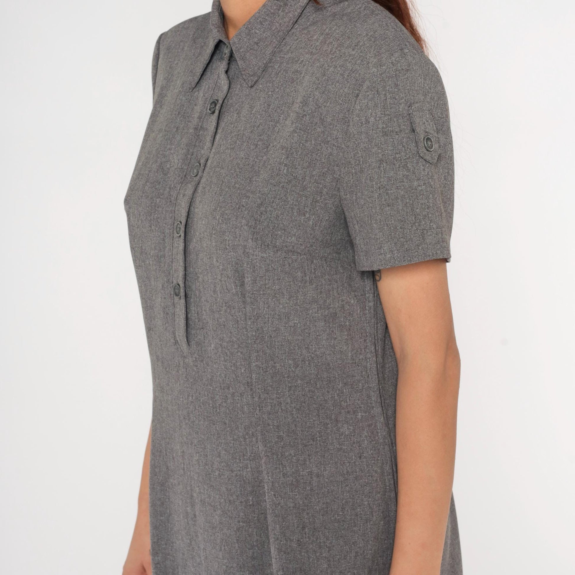 90s Grey Collared Shirt Dress Maxi Polyester Column Short Sleeve Large L