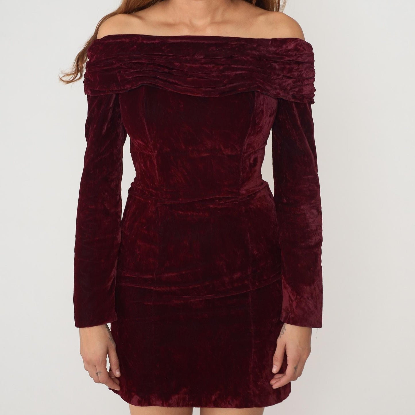 90s Rampage Burgundy Velvet Mini Dress Off-Shoulder Long Sleeve Small