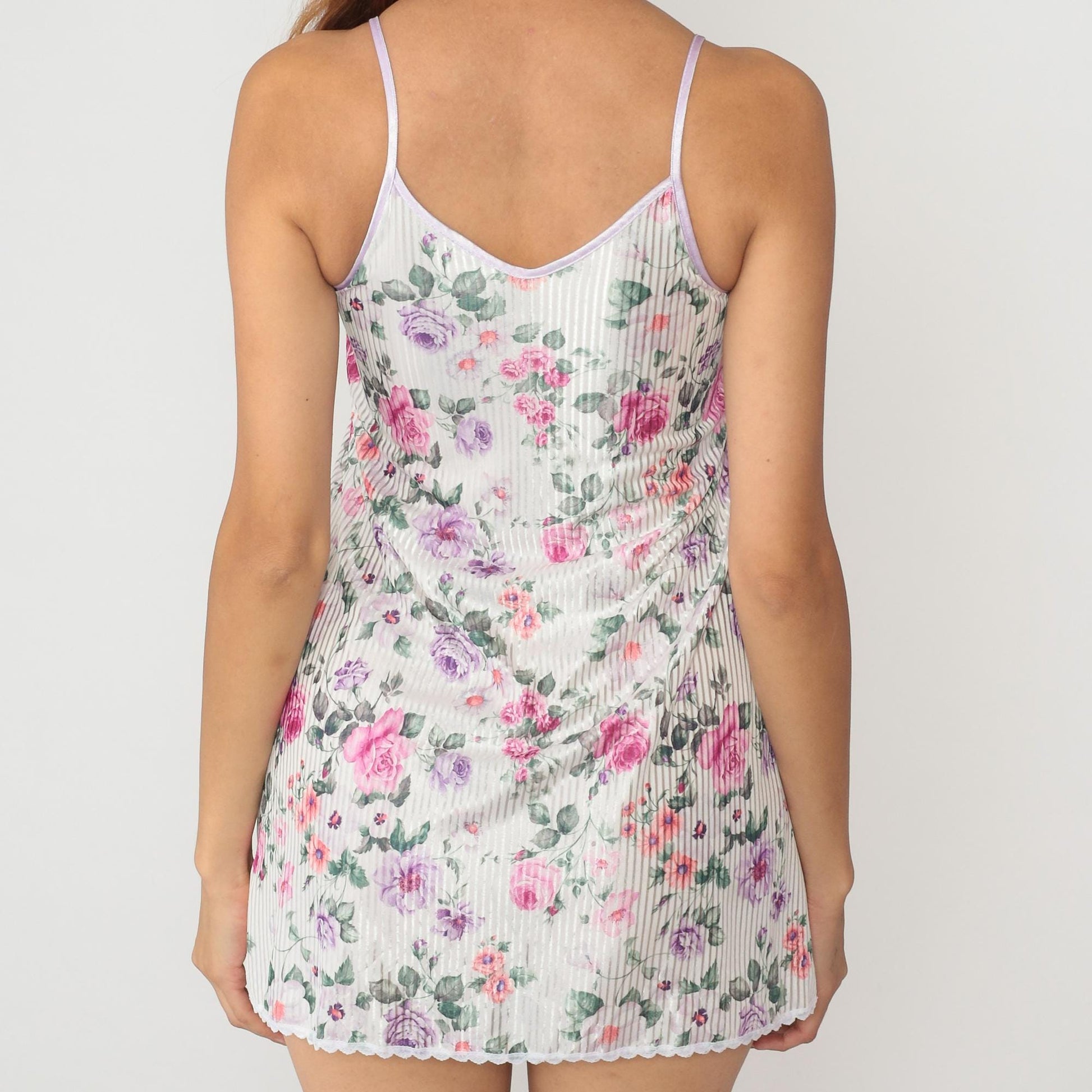 90s Floral Mini Slip Dress White Rose Print V-Neck Bow Camisole XXS
