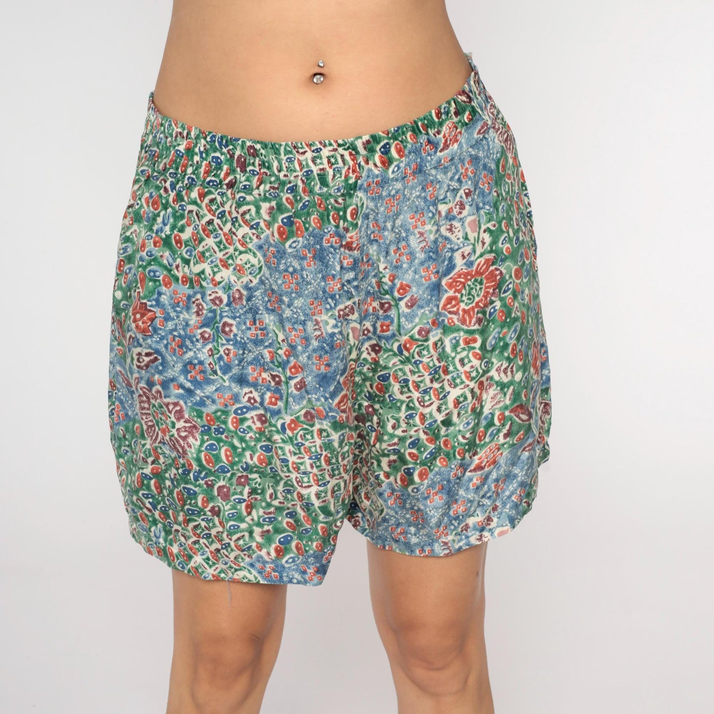 Y2K Solutions Silk Shorts Floral Abstract Blue Green High Rise Medium M