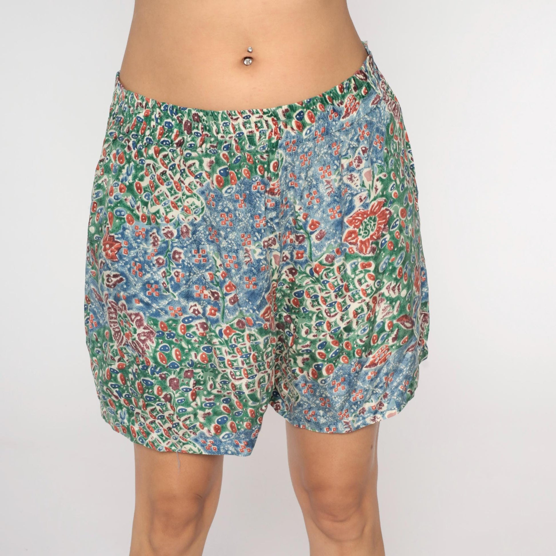Y2K Solutions Silk Shorts Floral Abstract Blue Green High Rise Medium M
