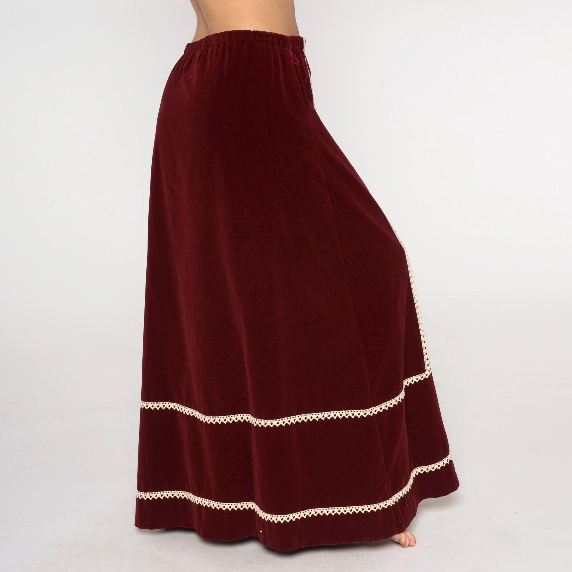 70s Belles of Ireland Burgundy Velvet Maxi Skirt Crochet Lace Trim Medium