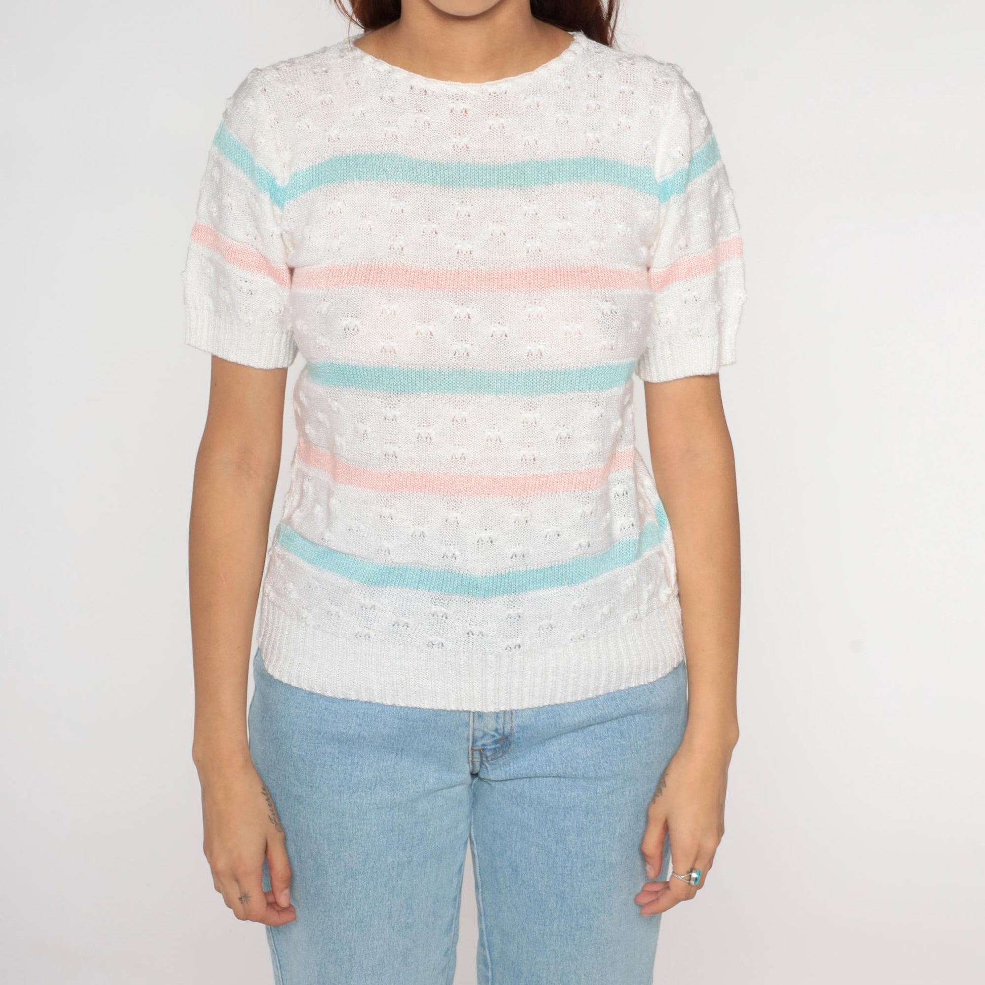 80s Billie Jo Striped Pointelle Knit Sweater Pink Blue Cream Small S