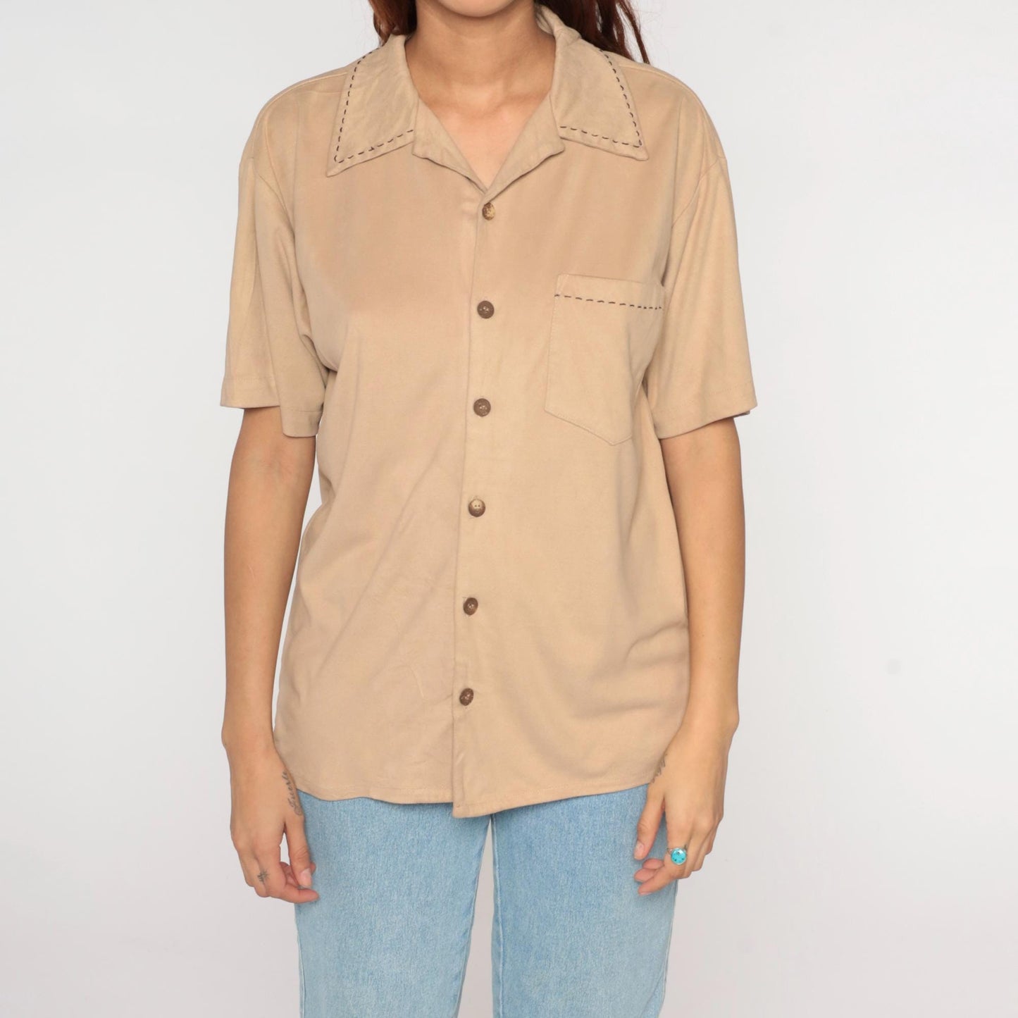 Y2K Positano Beige Camp Collar Shirt Short Sleeve Stitch Detail Small S