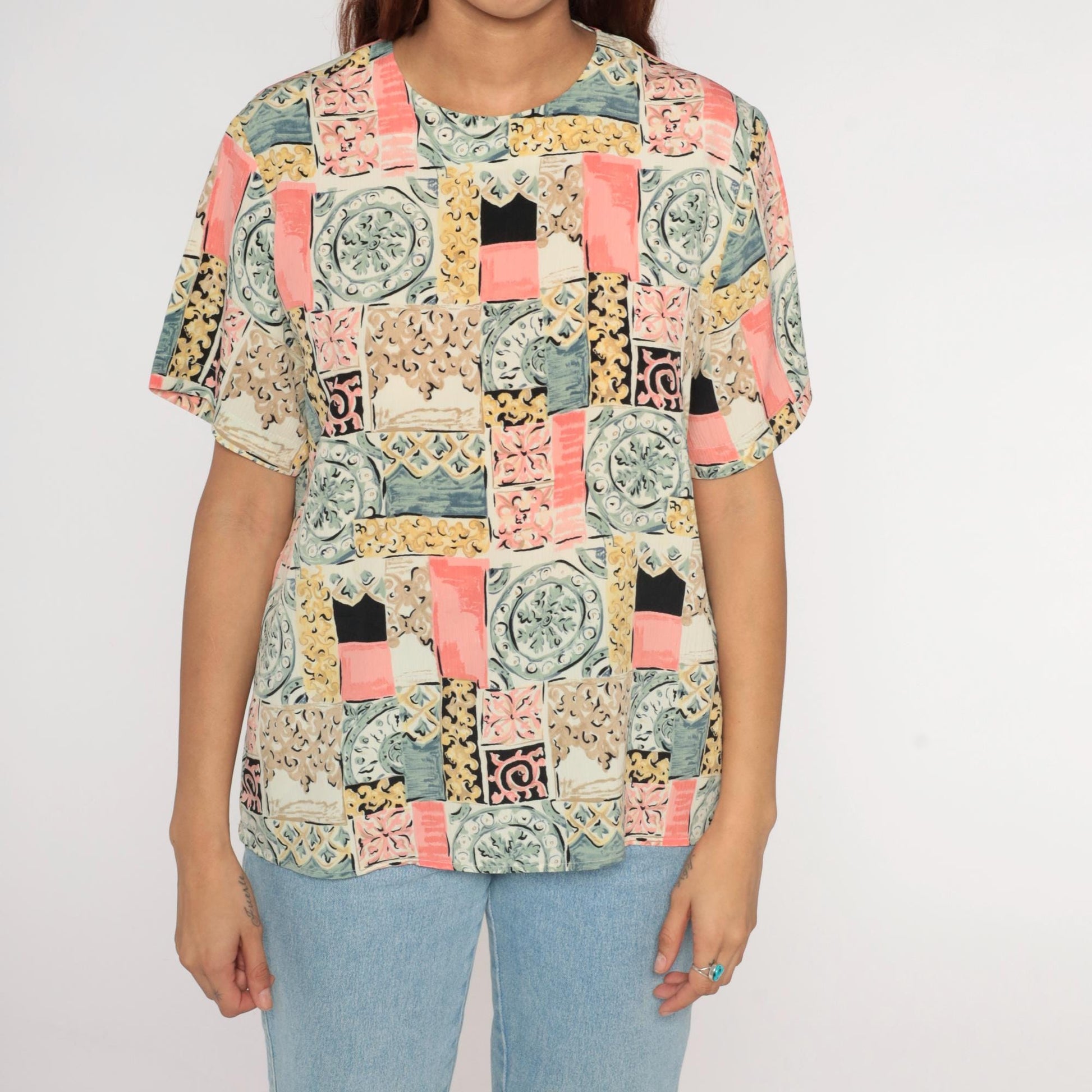90s Patchwork Tile Print Blouse Pastel Geometric Short-Sleeve Large L