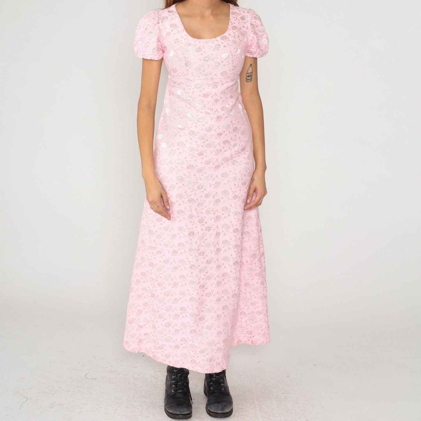70s Pink Floral Maxi Dress Metallic Jacquard Puff Sleeve Small