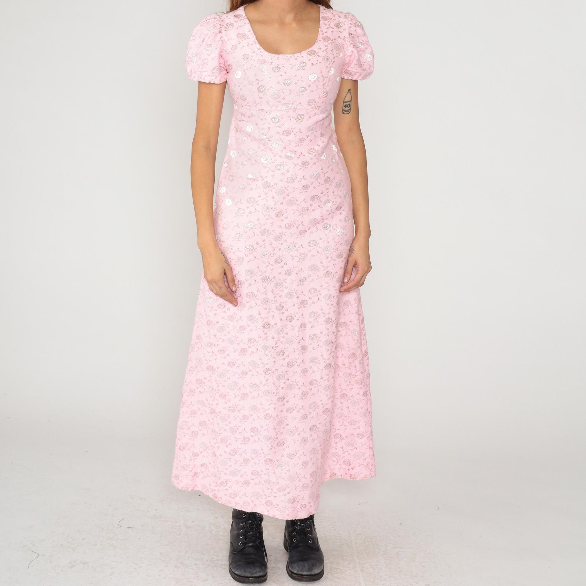 70s Pink Floral Maxi Dress Metallic Jacquard Puff Sleeve Small