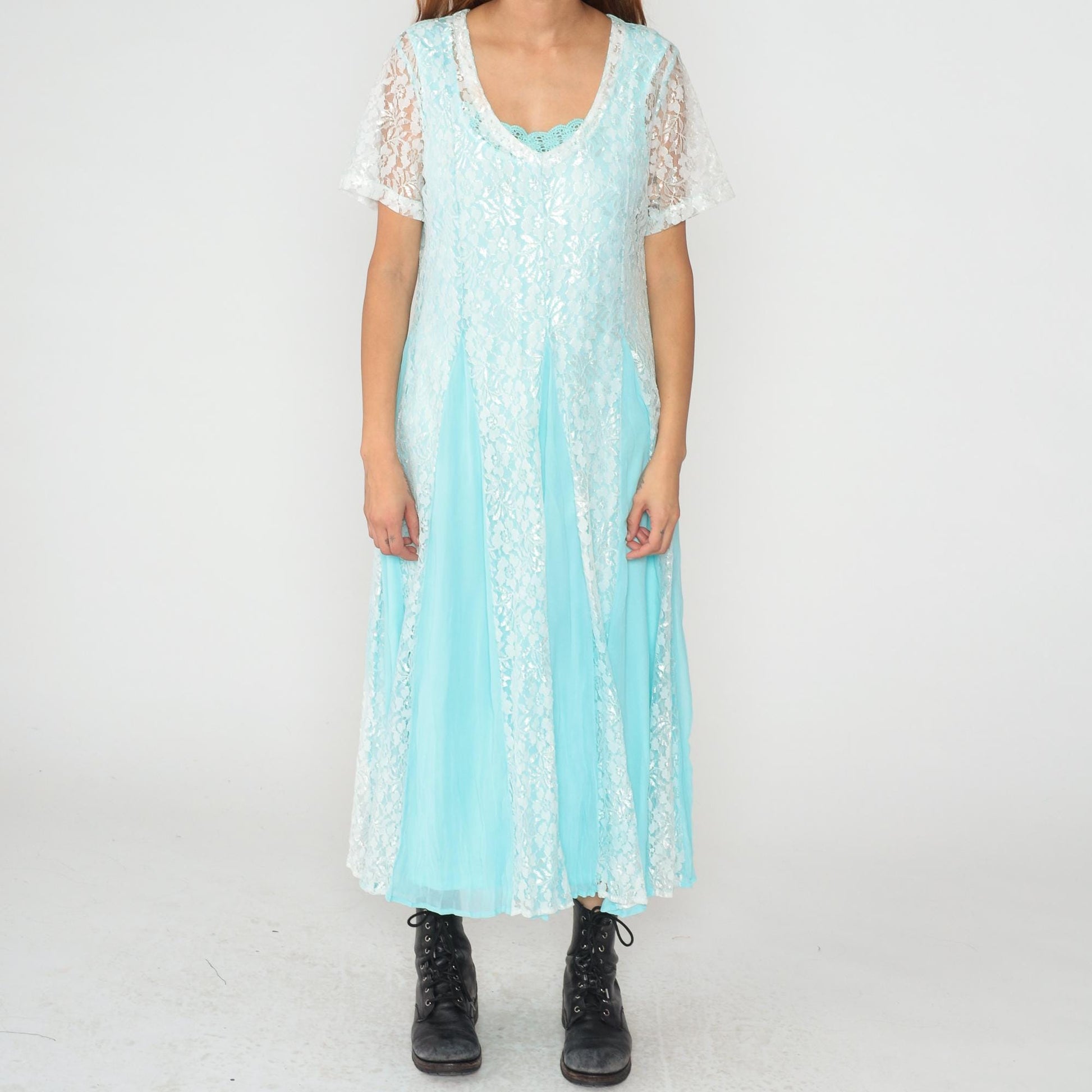 90s Vicki Wayne Aqua Lace Maxi Dress White Crochet Trim V-Neck Large L
