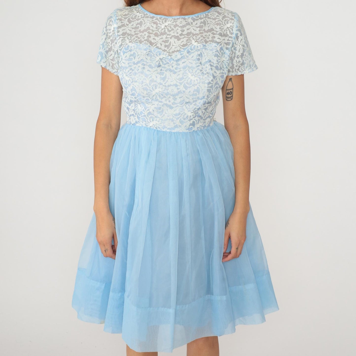 60s Light Blue Floral Lace Party Dress White Overlay Chiffon Skirt Small