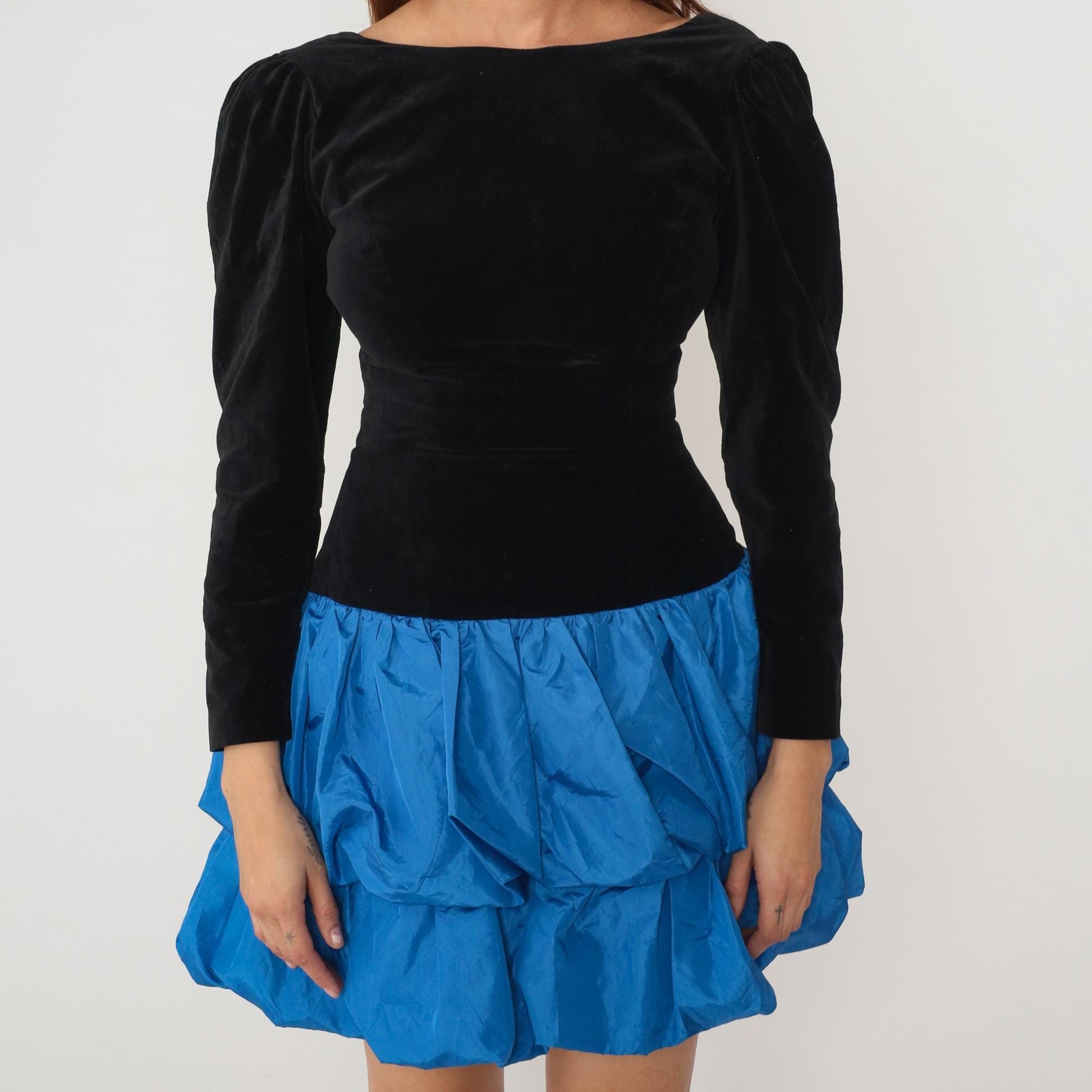 80s Black Velvet Blue Ruffle Puff Sleeve Backless Dress Small
