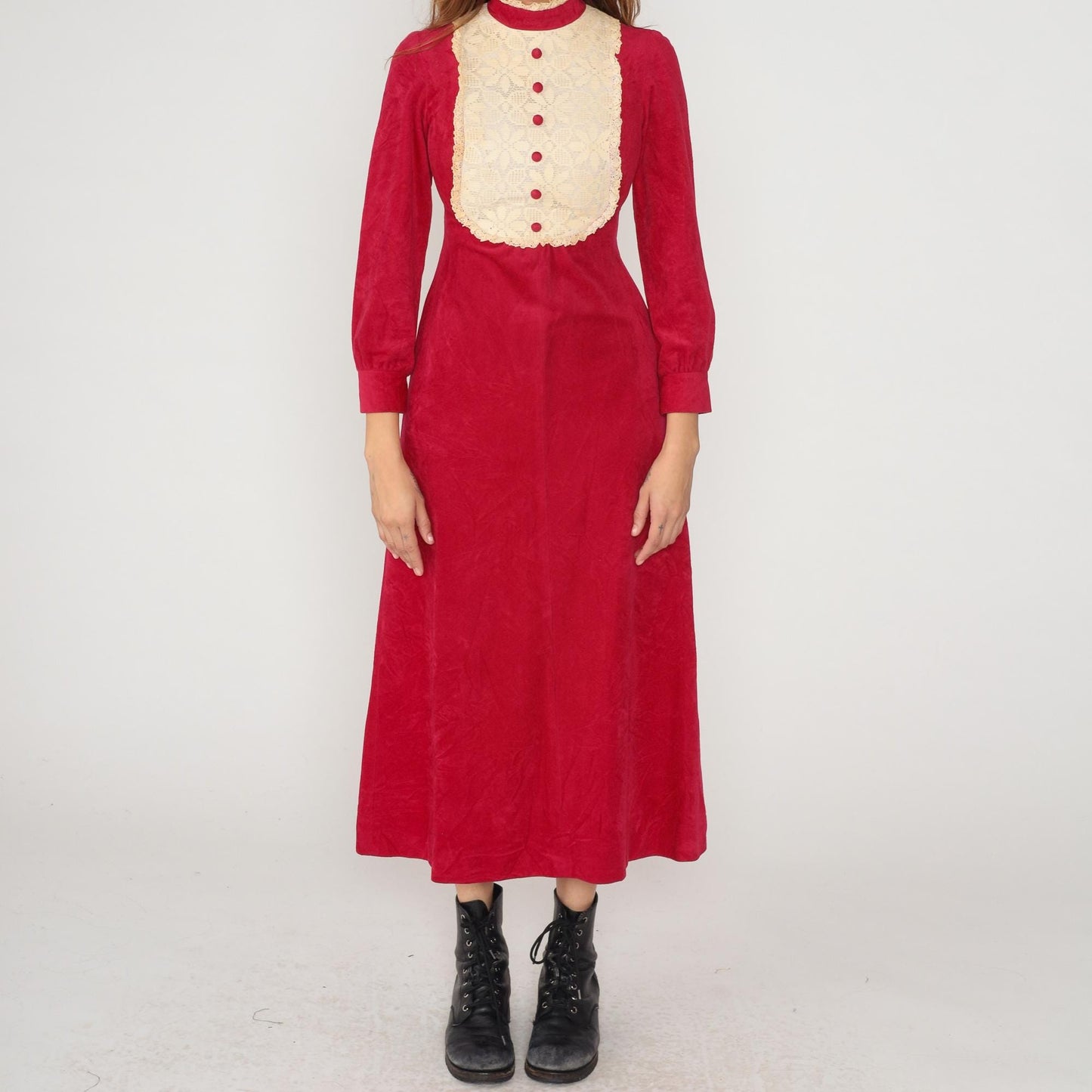 70s Burgundy Velvet Maxi Dress Lace Bib Mock Neck Button Front Extra Small
