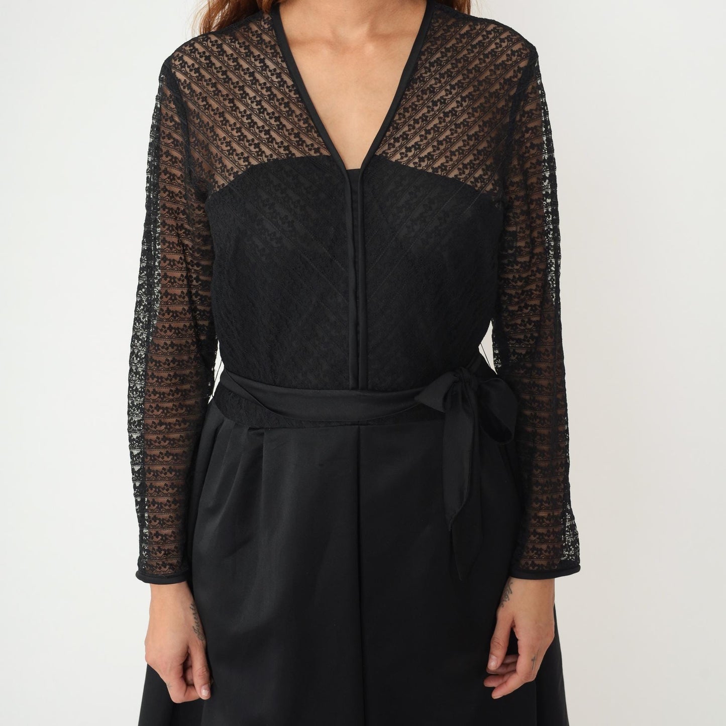 60s Herman Marcus Black Lace V-Neck Dress Tie Belt Midi Medium M
