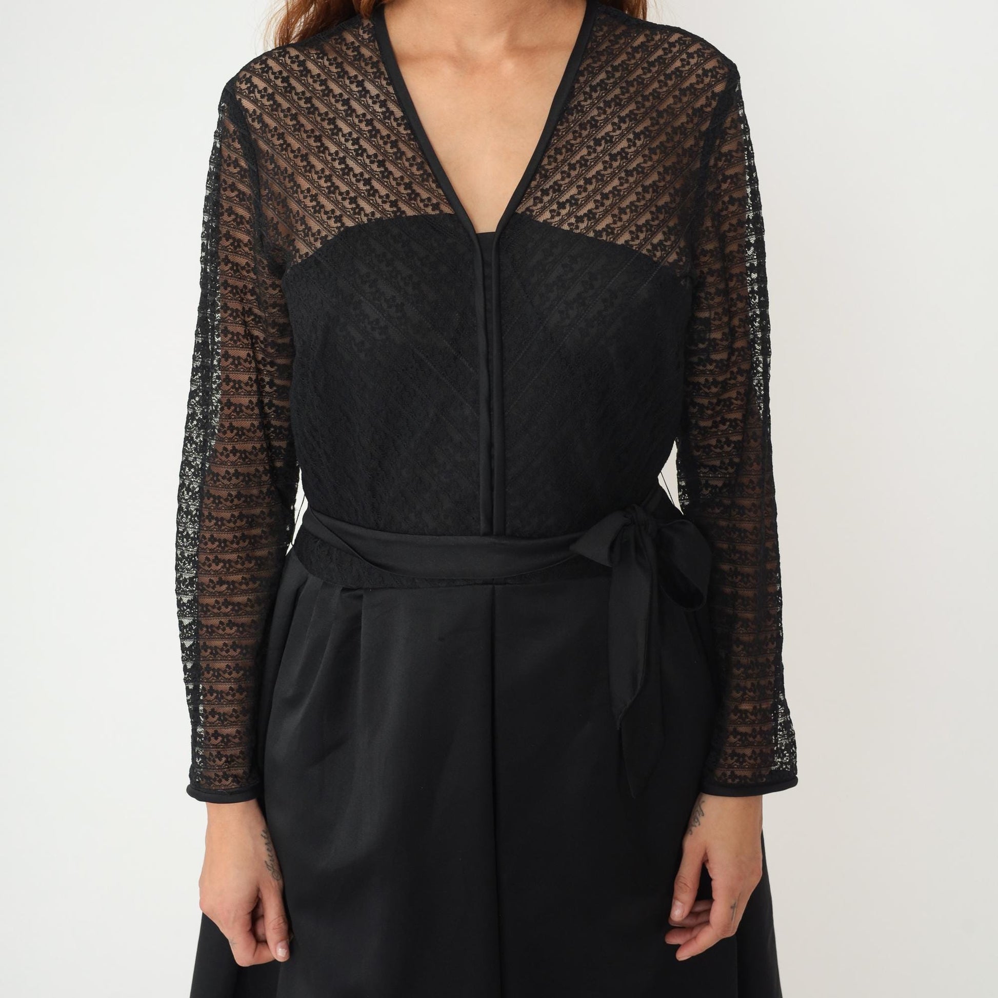 60s Herman Marcus Black Lace V-Neck Dress Tie Belt Midi Medium M