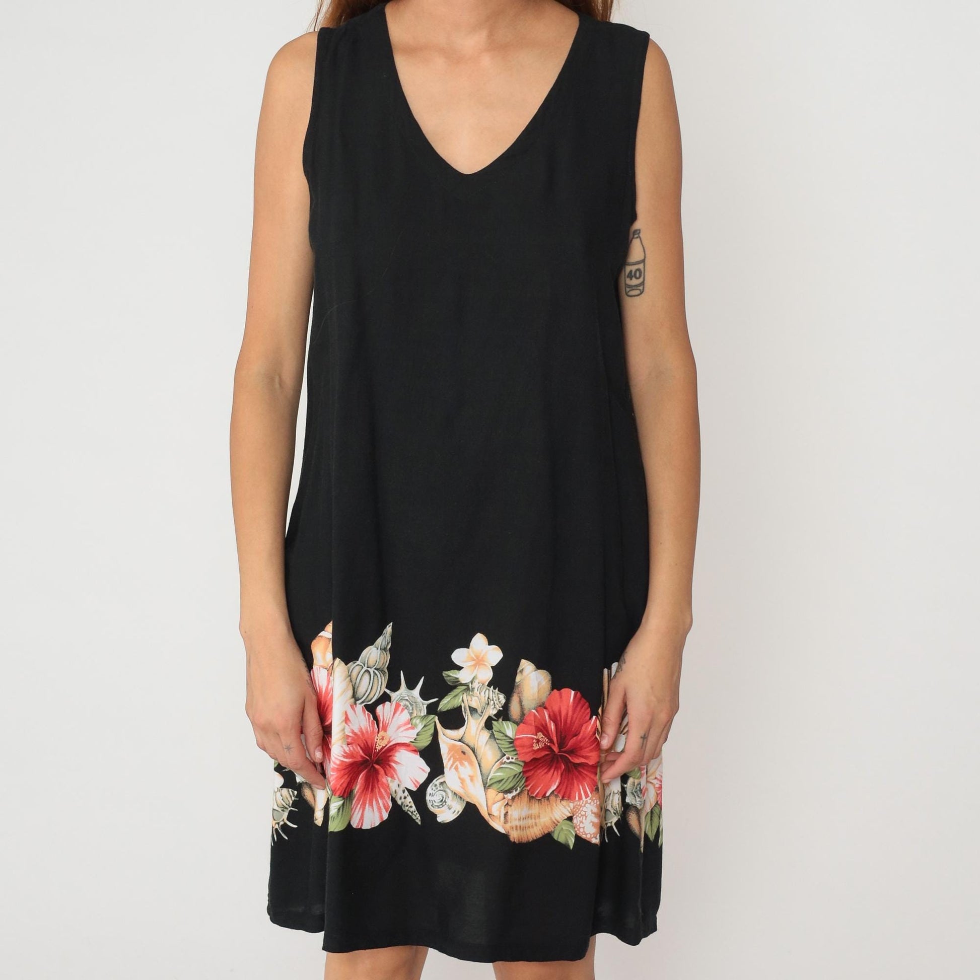 Y2K Black Hibiscus Floral Rayon Shift Dress Knee Length Large L
