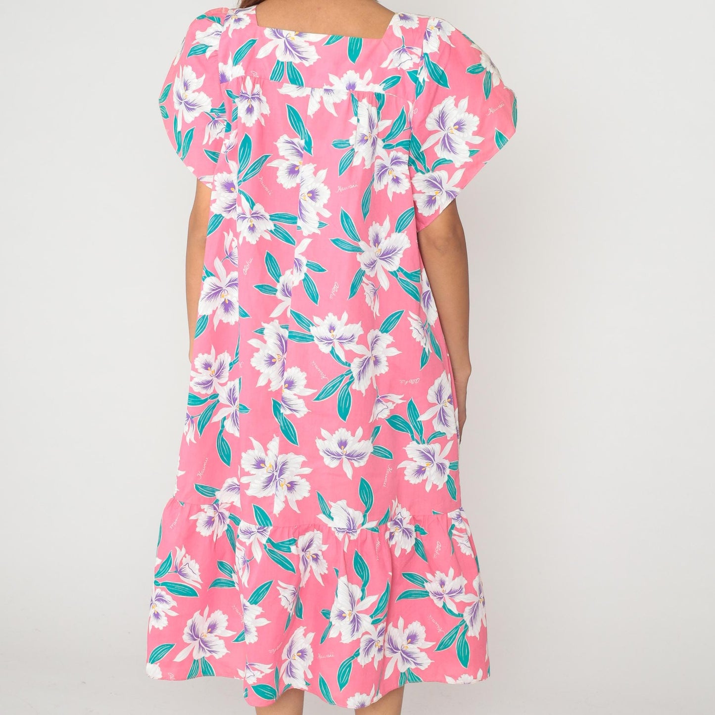 80s Pink Hawaiian Floral Dress V-Neck Flutter Sleeve Knee Length Plus Size XXL