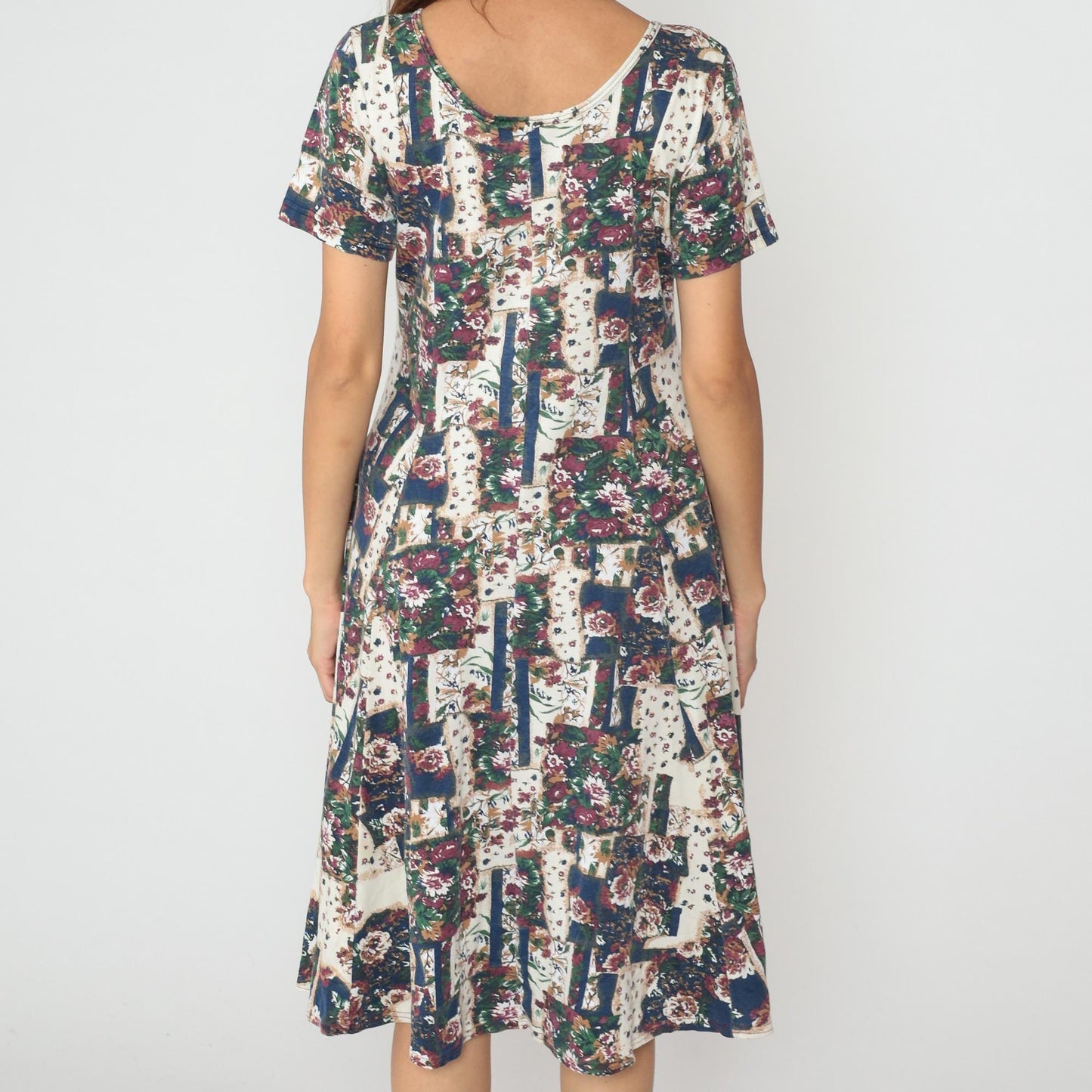 90s Patchwork Floral Midi Dress Cream Navy Burgundy Green Cotton V-Neck Medium M