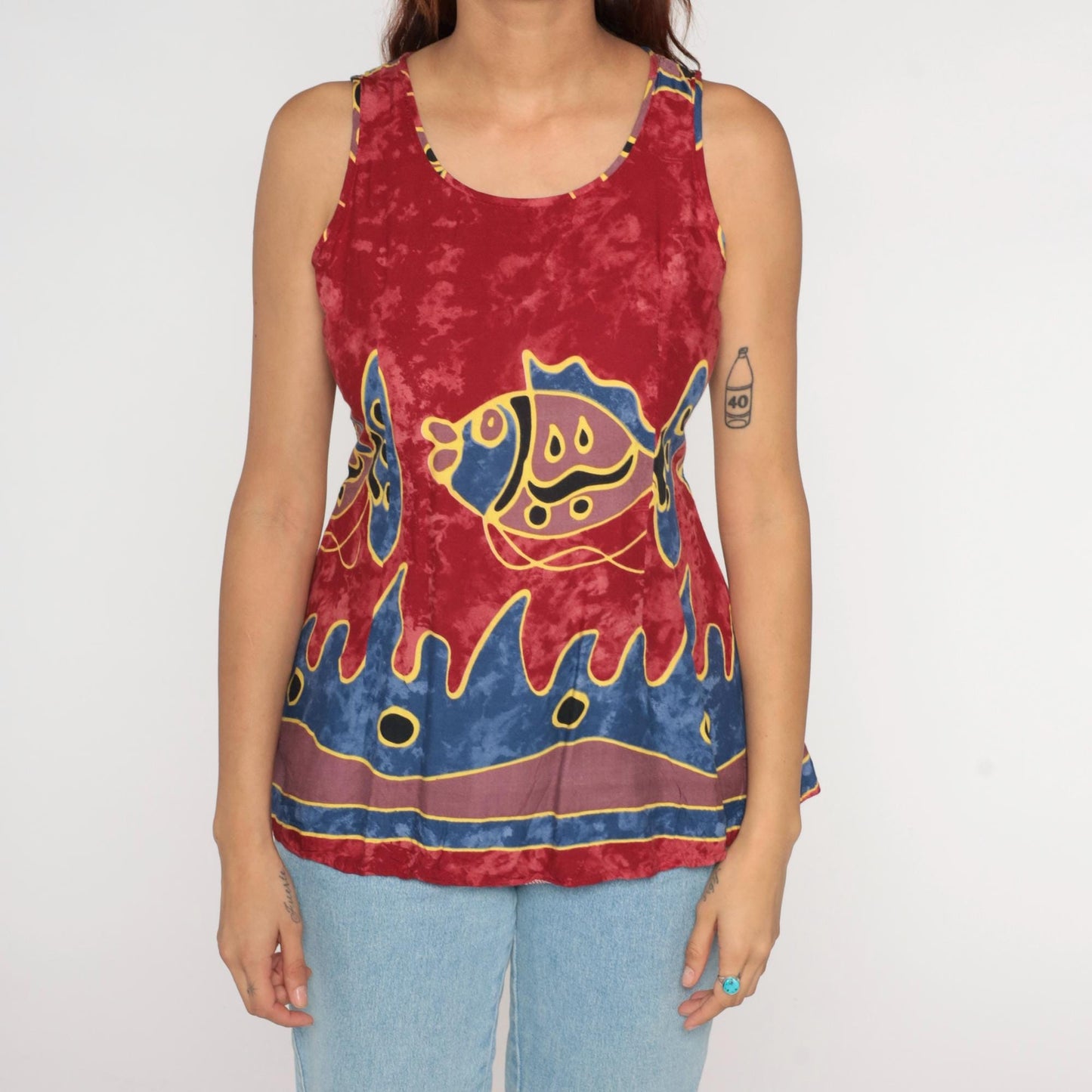 Y2K Ligayas Fish Tank Top Red Tie-Dye Abstract Print Blue Yellow Small