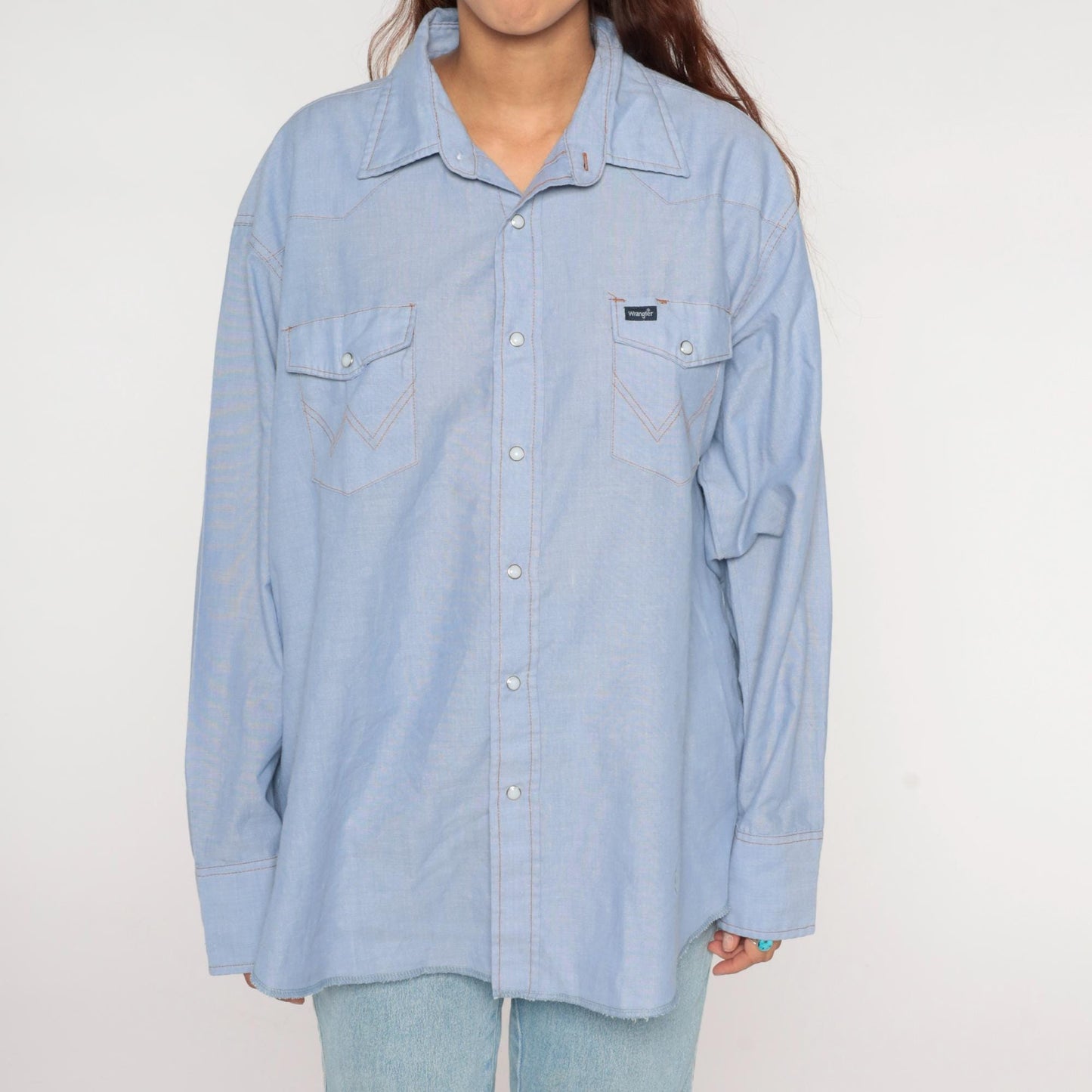 90s Wrangler Light Blue Chambray Pearl Snap Western Shirt Extra Large XXL