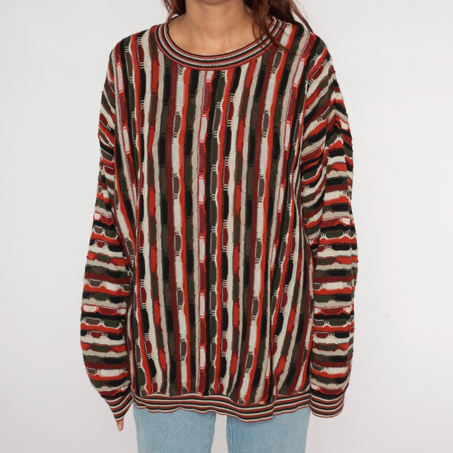 90s Protege Vertical Stripe Crewneck Sweater Rust Orange Black Cream Extra Large