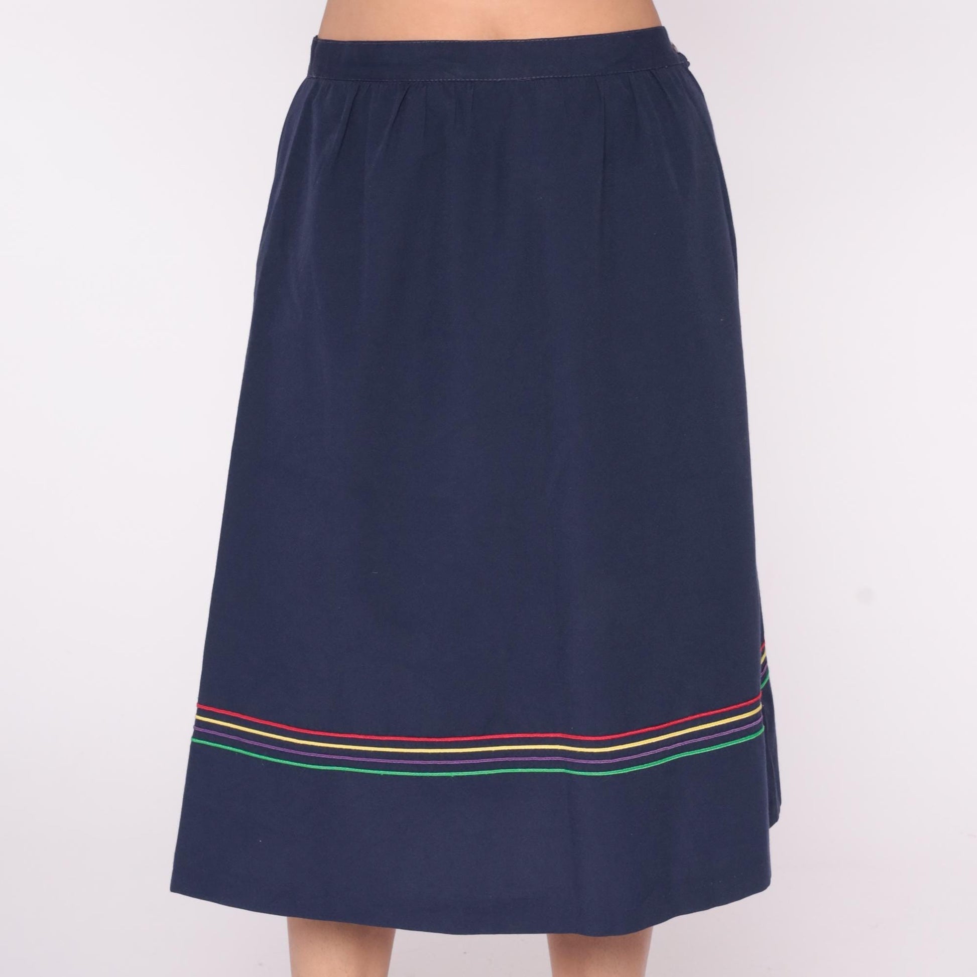 80s Navy A-Line Skirt Rainbow Striped Trim Elastic Waist Medium
