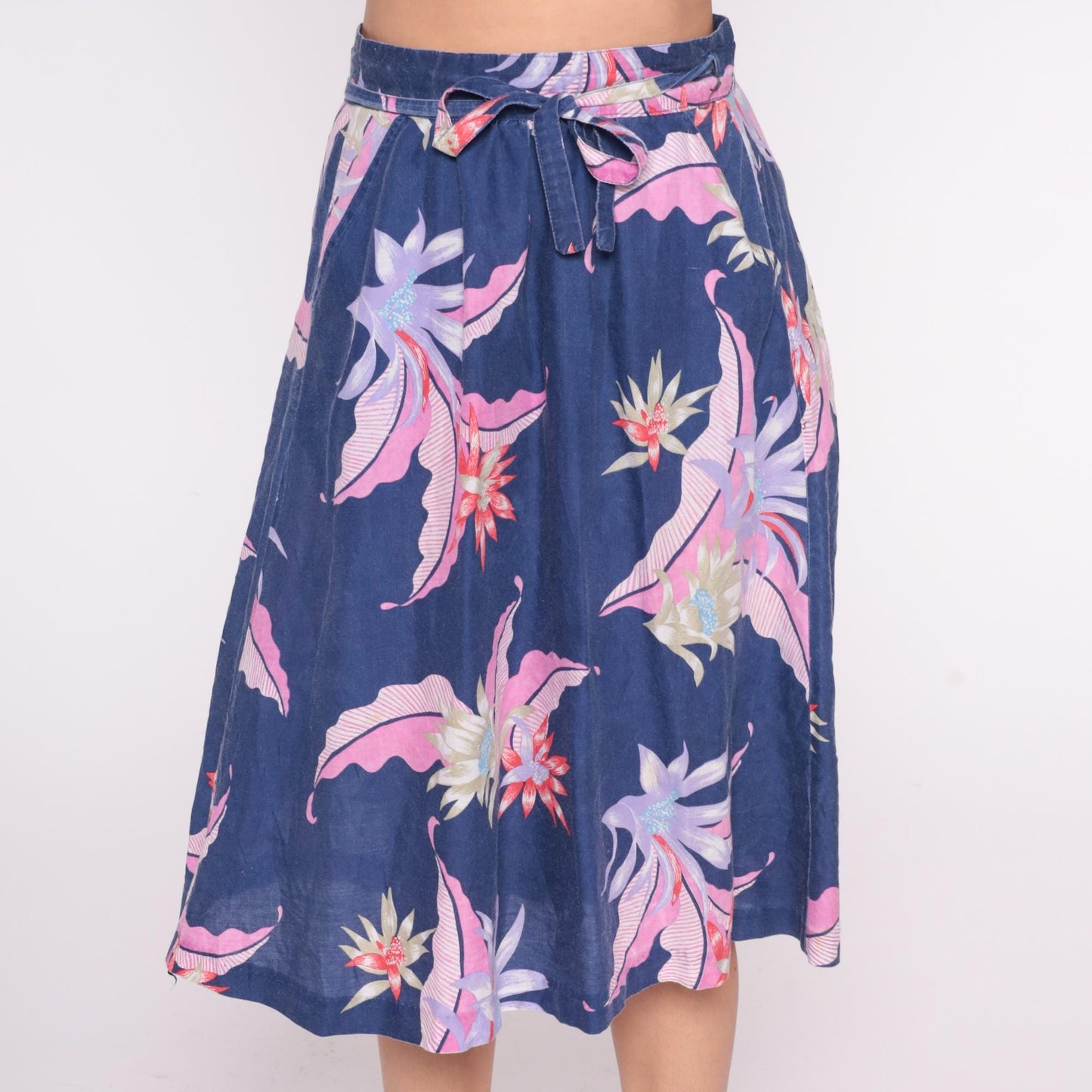 80s Sixpence Floral Wrap Skirt Navy Pink Purple Knee Length Small