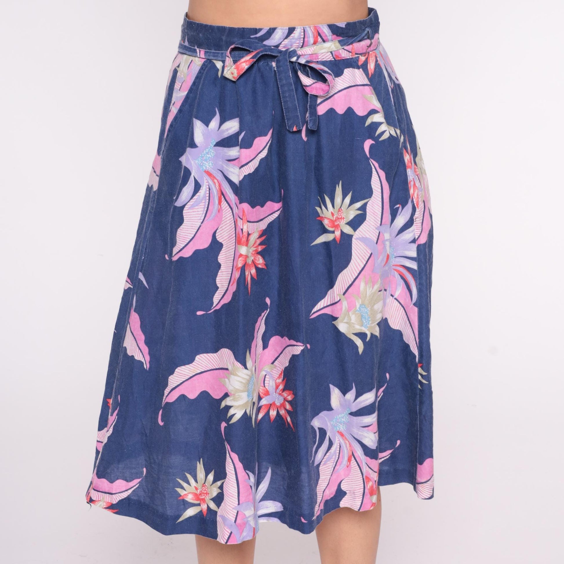 80s Sixpence Floral Wrap Skirt Navy Pink Purple Knee Length Small