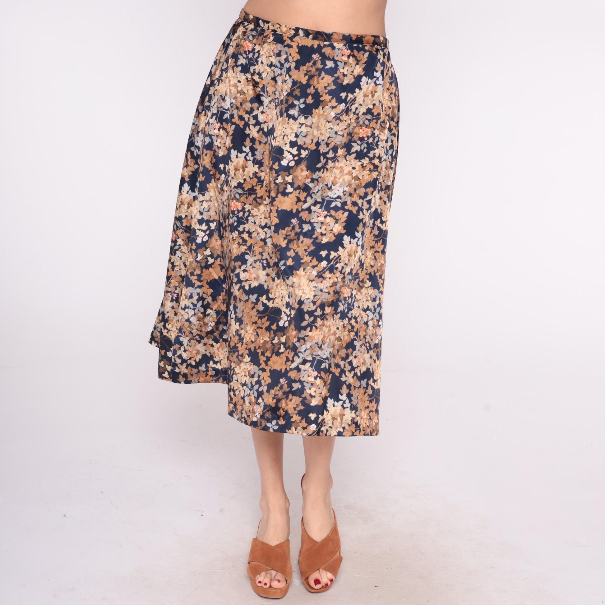 80s Navy Floral Midi Skirt Tie Waist A-Line Peach Tan Brown Large L