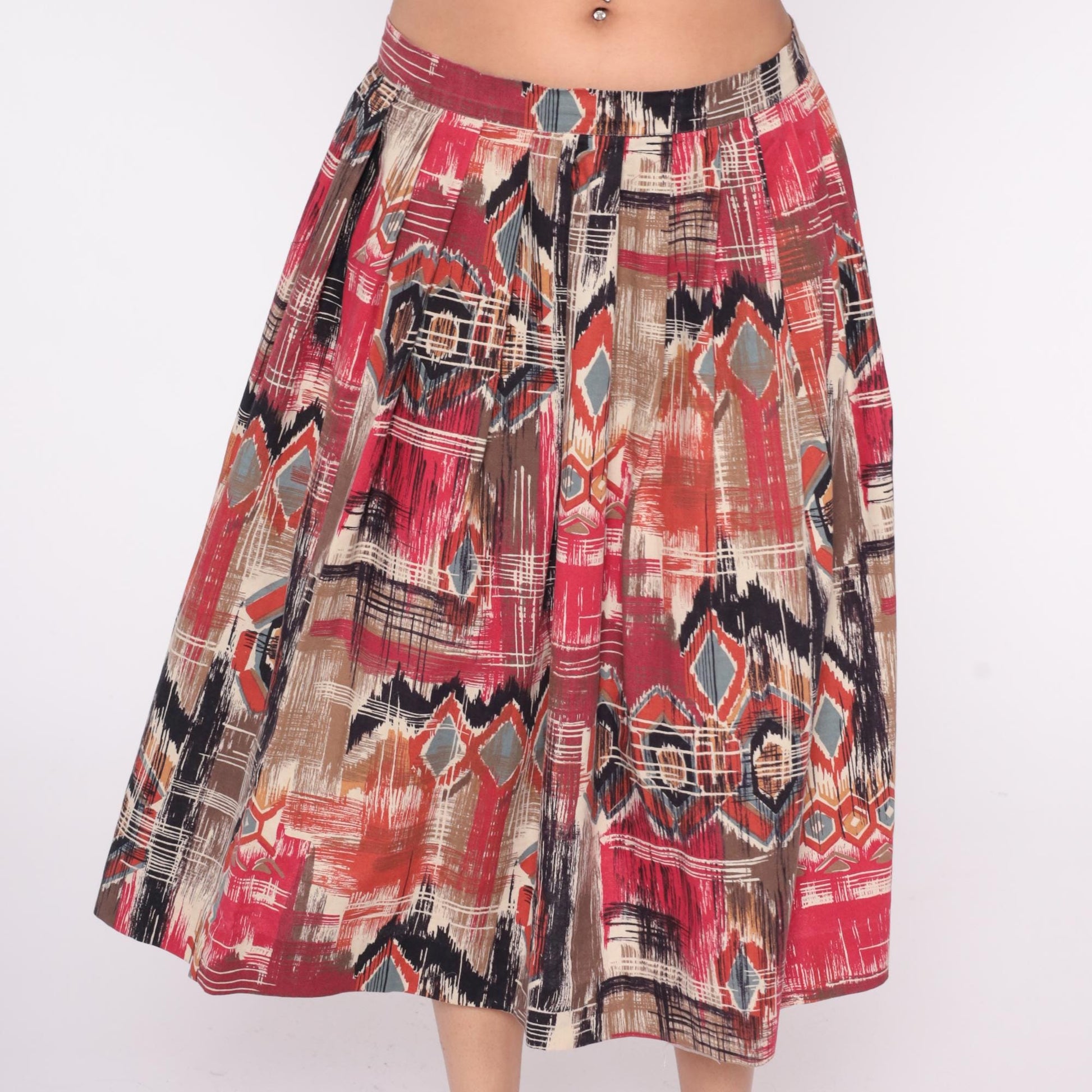 80s Southwestern Geometric Midi Skirt Red Pink Black Tan Cotton High Waist Medium