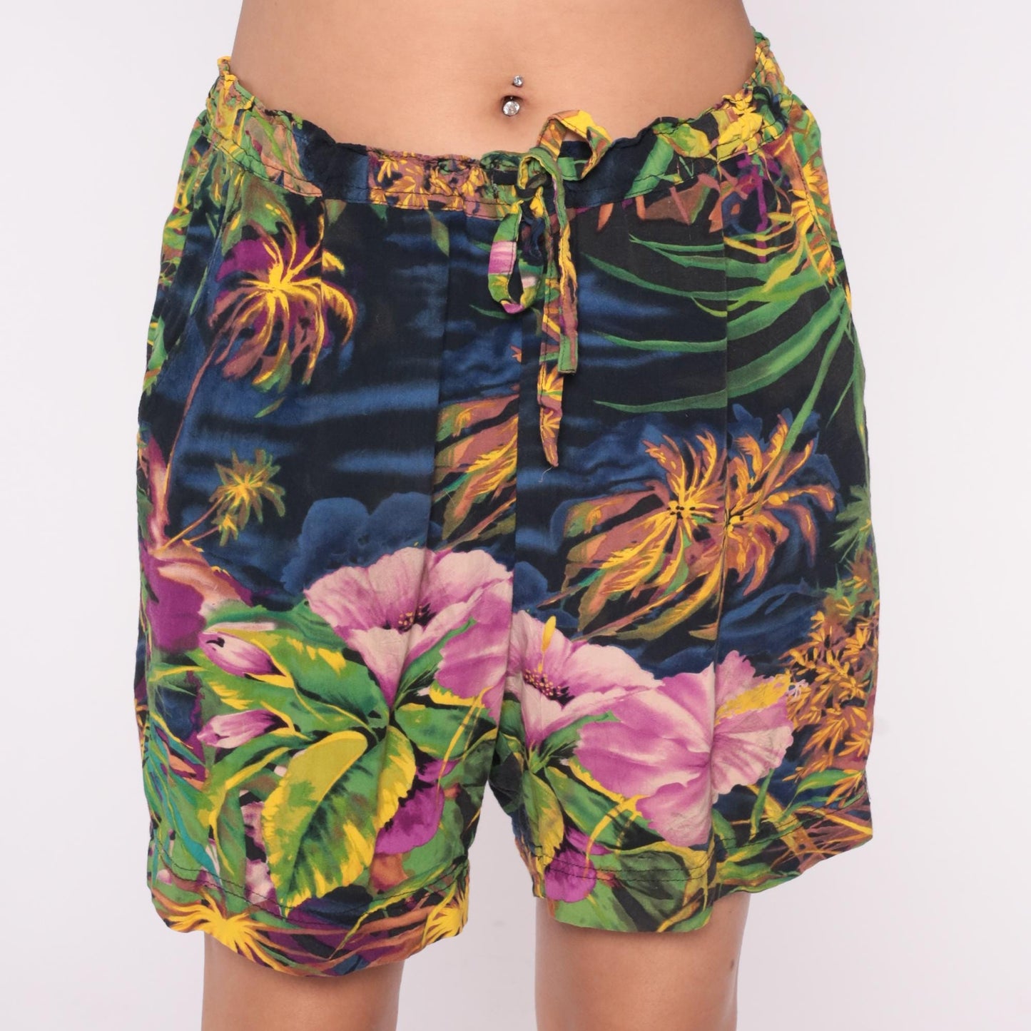 Y2K Jams World Tropical Shorts Floral Palm Print High Waist Rayon Medium Large